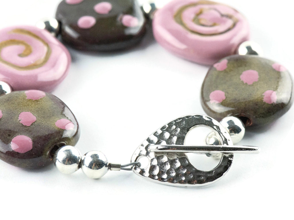 Strawberry Chocolate Polka Dot Ceramic Bead Bracelet / Kazuri Bead / Unique Jewelry