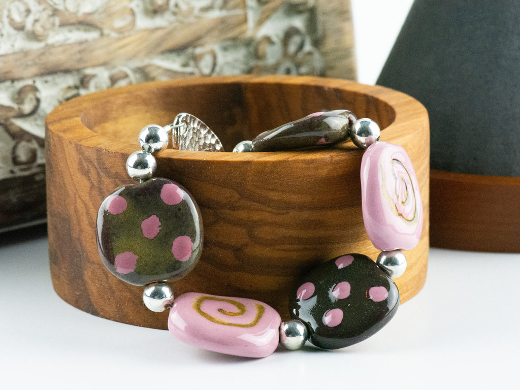 Strawberry Chocolate Polka Dot Ceramic Bead Bracelet / Kazuri Bead / Unique Jewelry