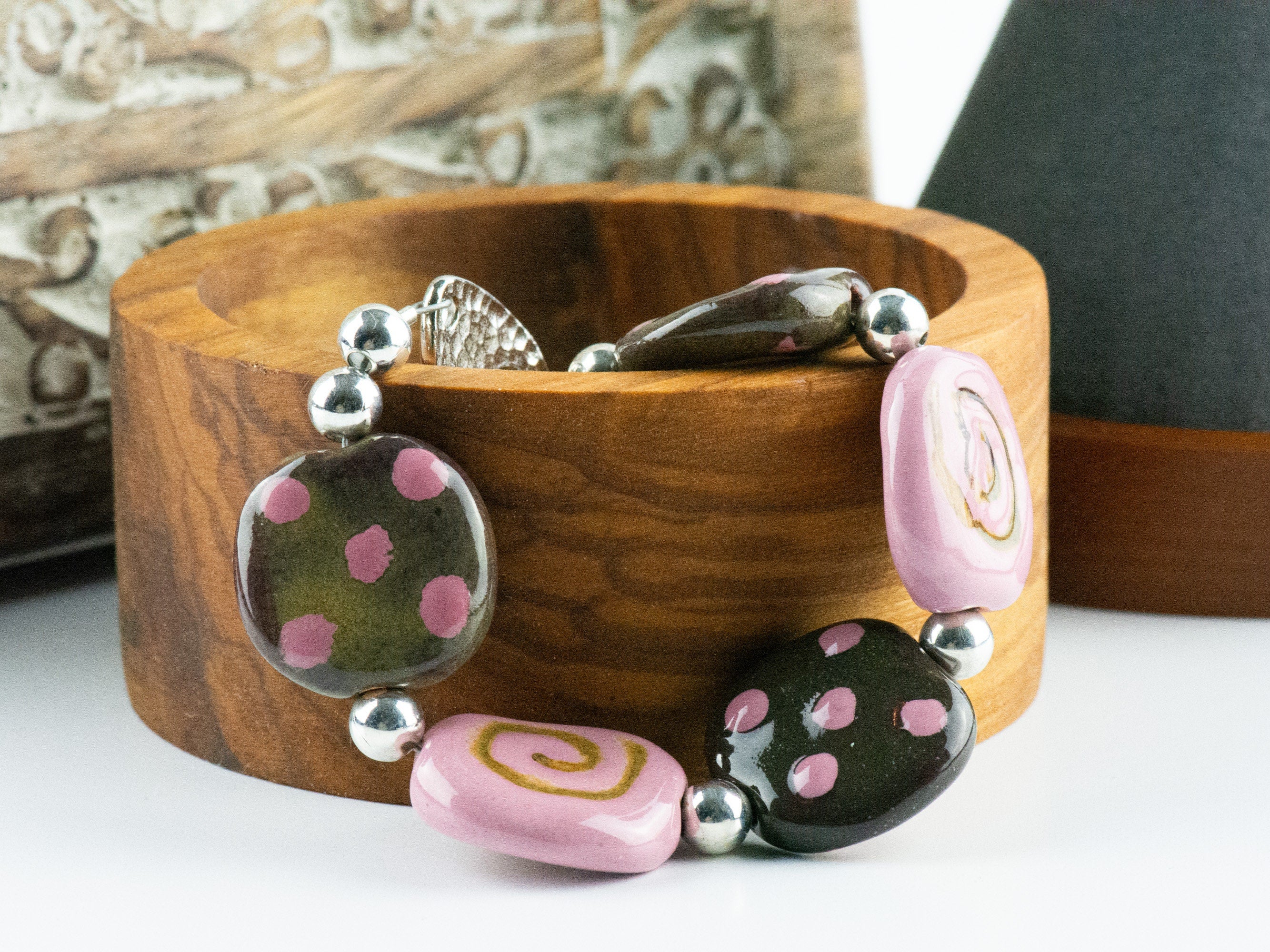 Strawberry Chocolate Polka Dot Ceramic Bead Bracelet / Kazuri Bead / Unique Jewelry