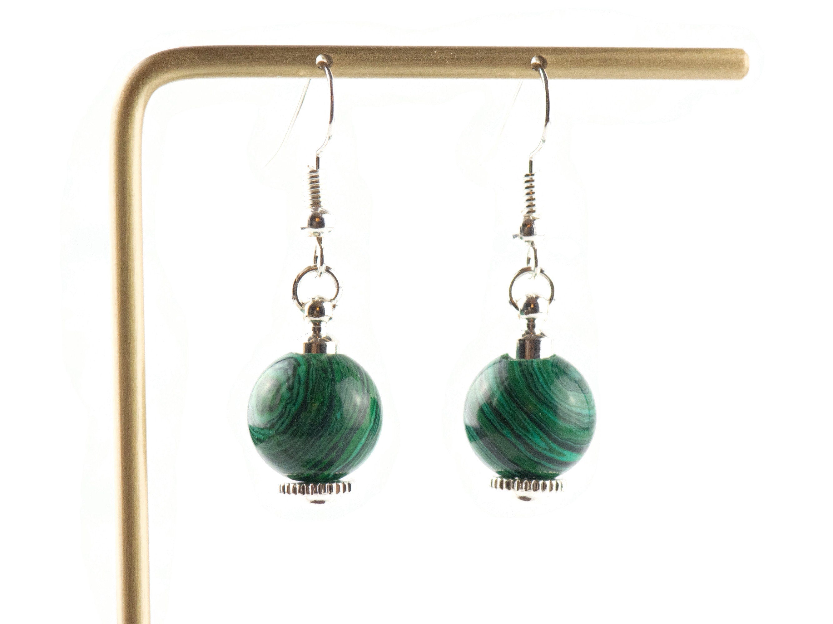 Emerald Green Malachite Gemstone Earrings / Silver Plated / Interchangeable Earrings for Large Hole Beads