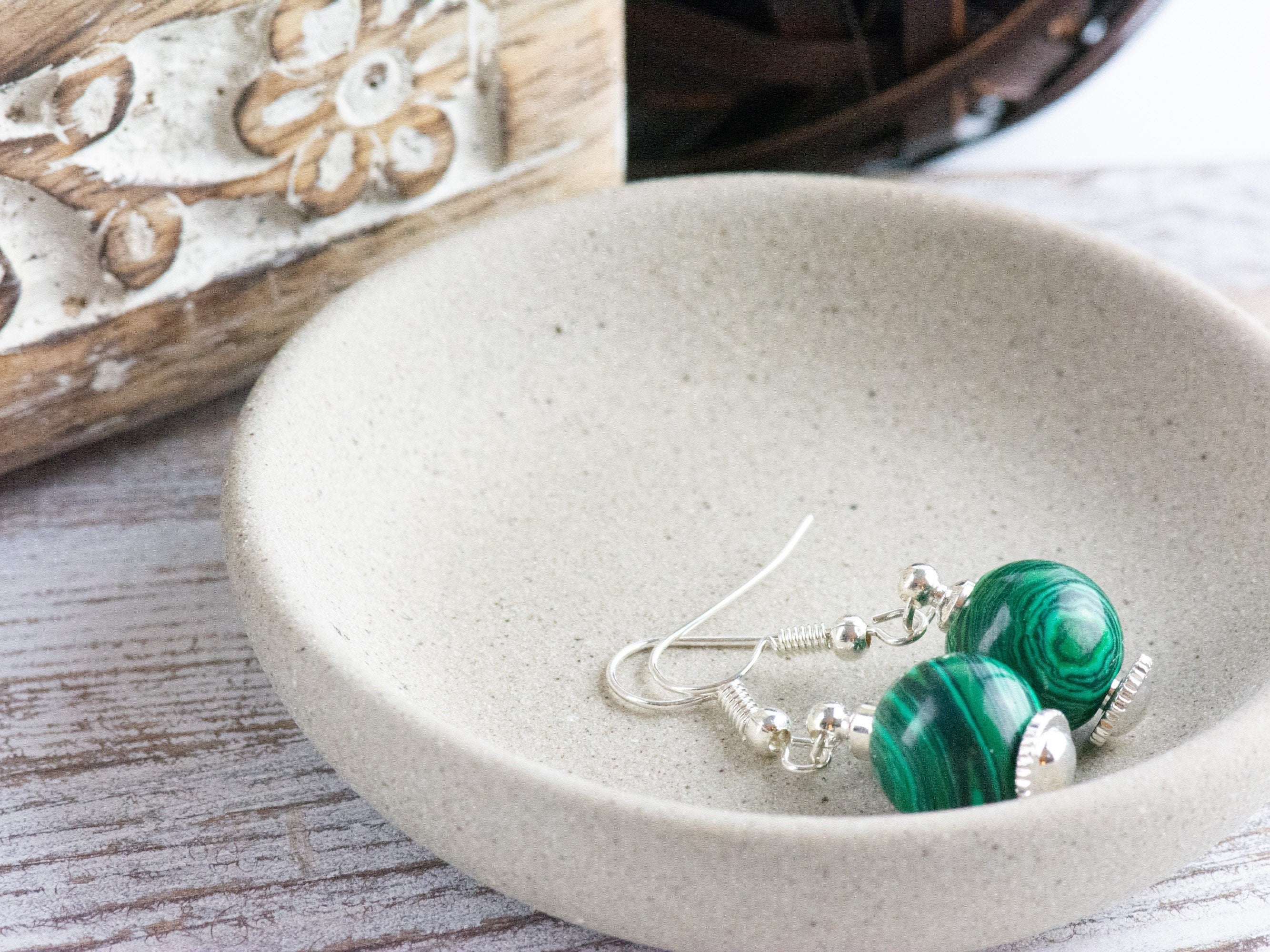 Emerald Green Malachite Gemstone Earrings / Silver Plated / Interchangeable Earrings for Large Hole Beads