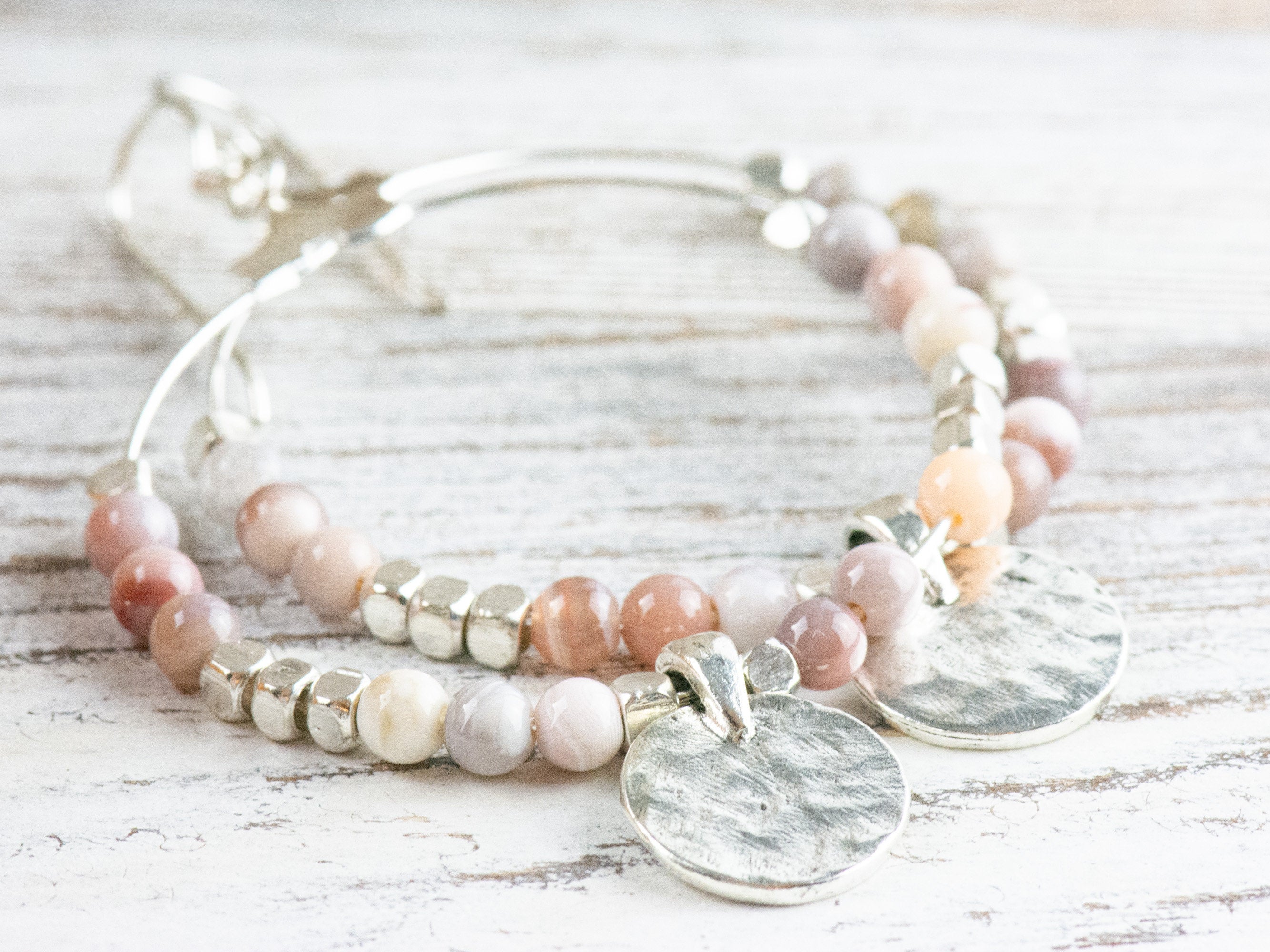 Pink Botswana Agate Silver Coin Hoop Earrings • Gemstone Jewelry • Boho Dangle Earrings • Jewelry Gift for Her