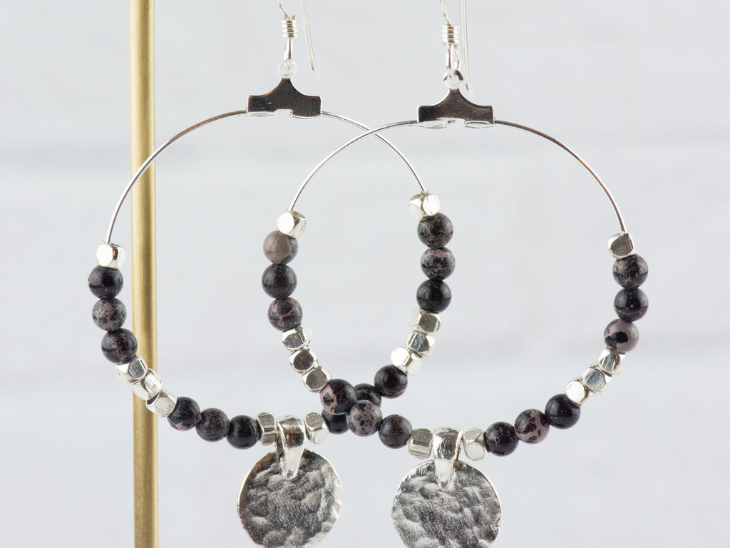 Black Imperial Jasper Silver Coin Hoop Earrings • Gemstone Jewelry • Boho Dangle Earrings • Jewelry Gift for Her
