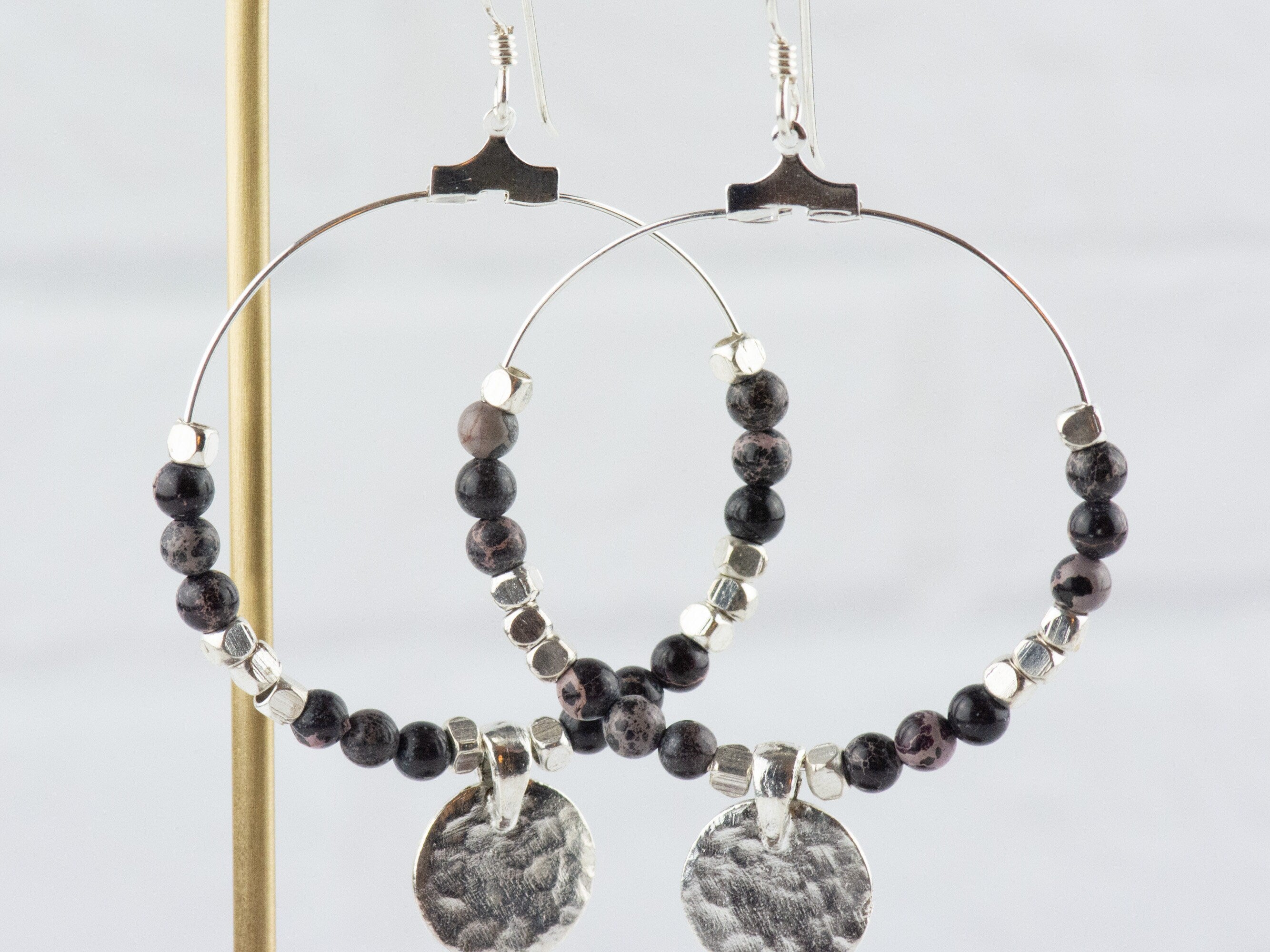 Black Imperial Jasper Silver Coin Hoop Earrings • Gemstone Jewelry • Boho Dangle Earrings • Jewelry Gift for Her