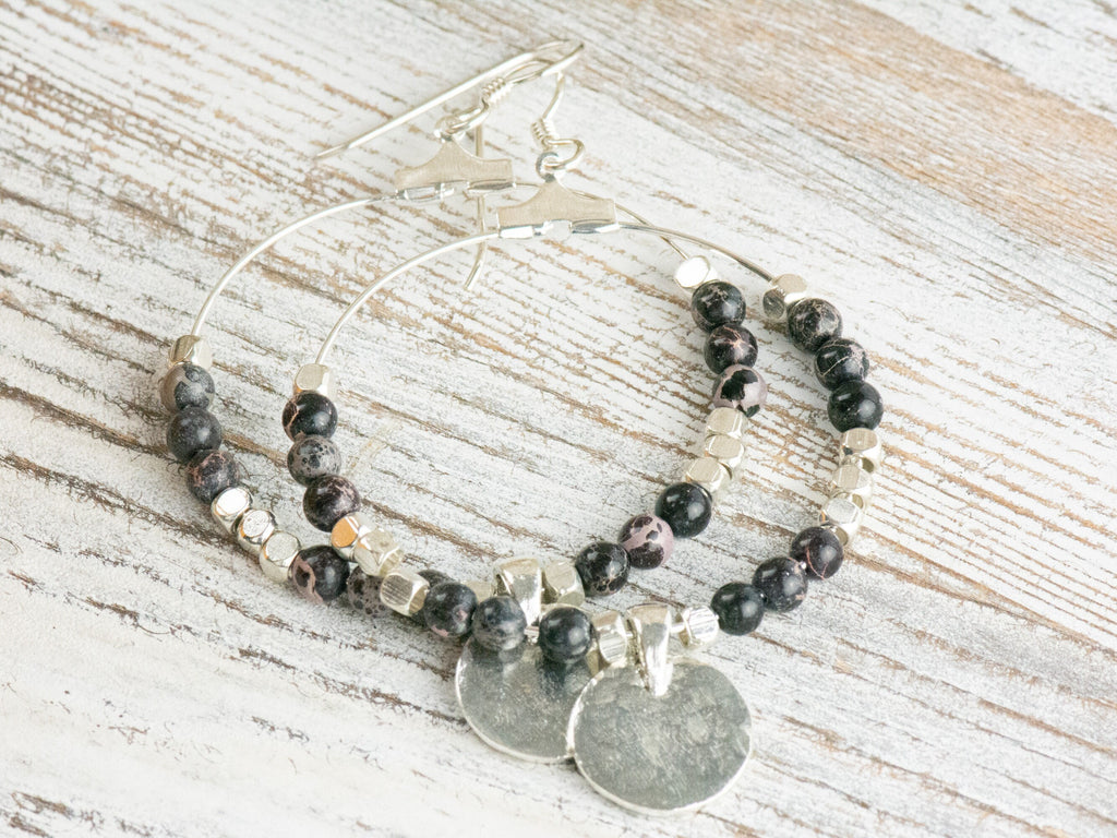 Black Imperial Jasper Silver Coin Hoop Earrings • Gemstone Jewelry • Boho Dangle Earrings • Jewelry Gift for Her