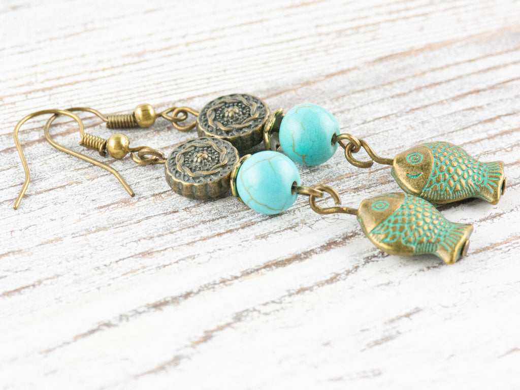 Brass Beaded Fish Earrings with Nautical Ocean Blue Patina • Turquoise Summer Jewelry