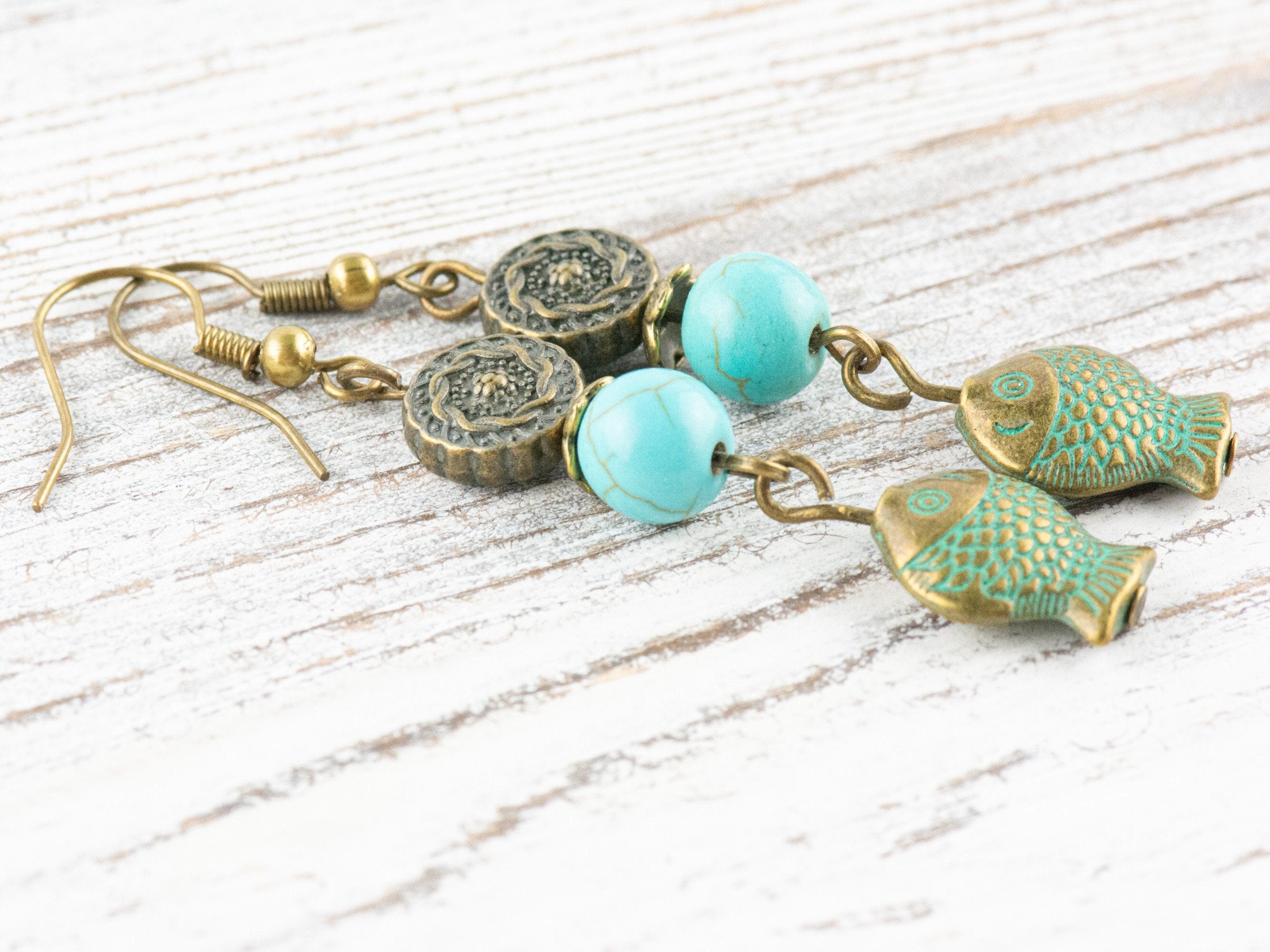 Brass Beaded Fish Earrings with Nautical Ocean Blue Patina • Turquoise Summer Jewelry
