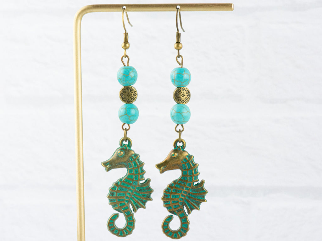 Nautical Seahorse Brass Earrings with Ocean Blue Patina • Turquoise Summer Jewelry