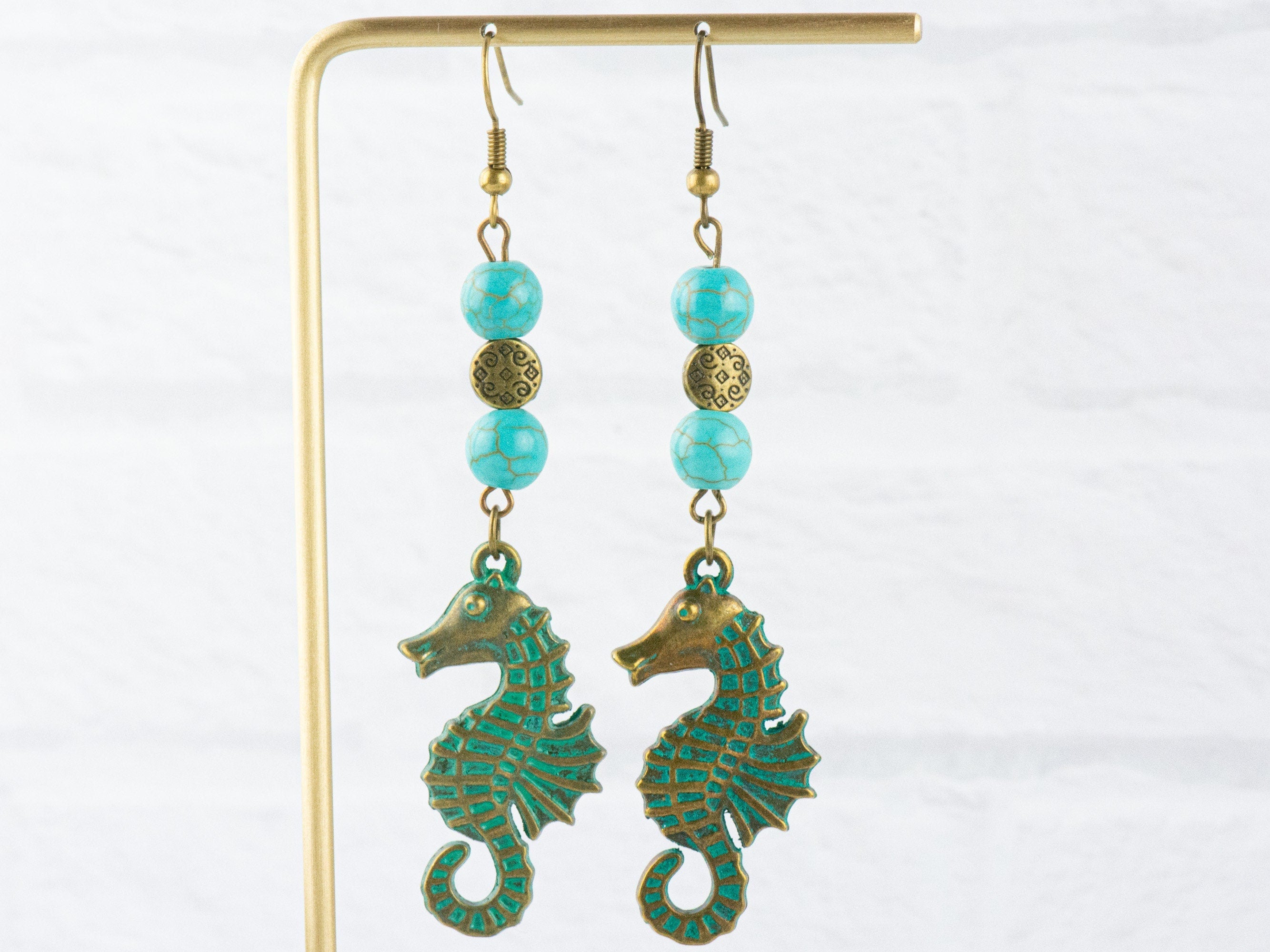 Nautical Seahorse Brass Earrings with Ocean Blue Patina • Turquoise Summer Jewelry