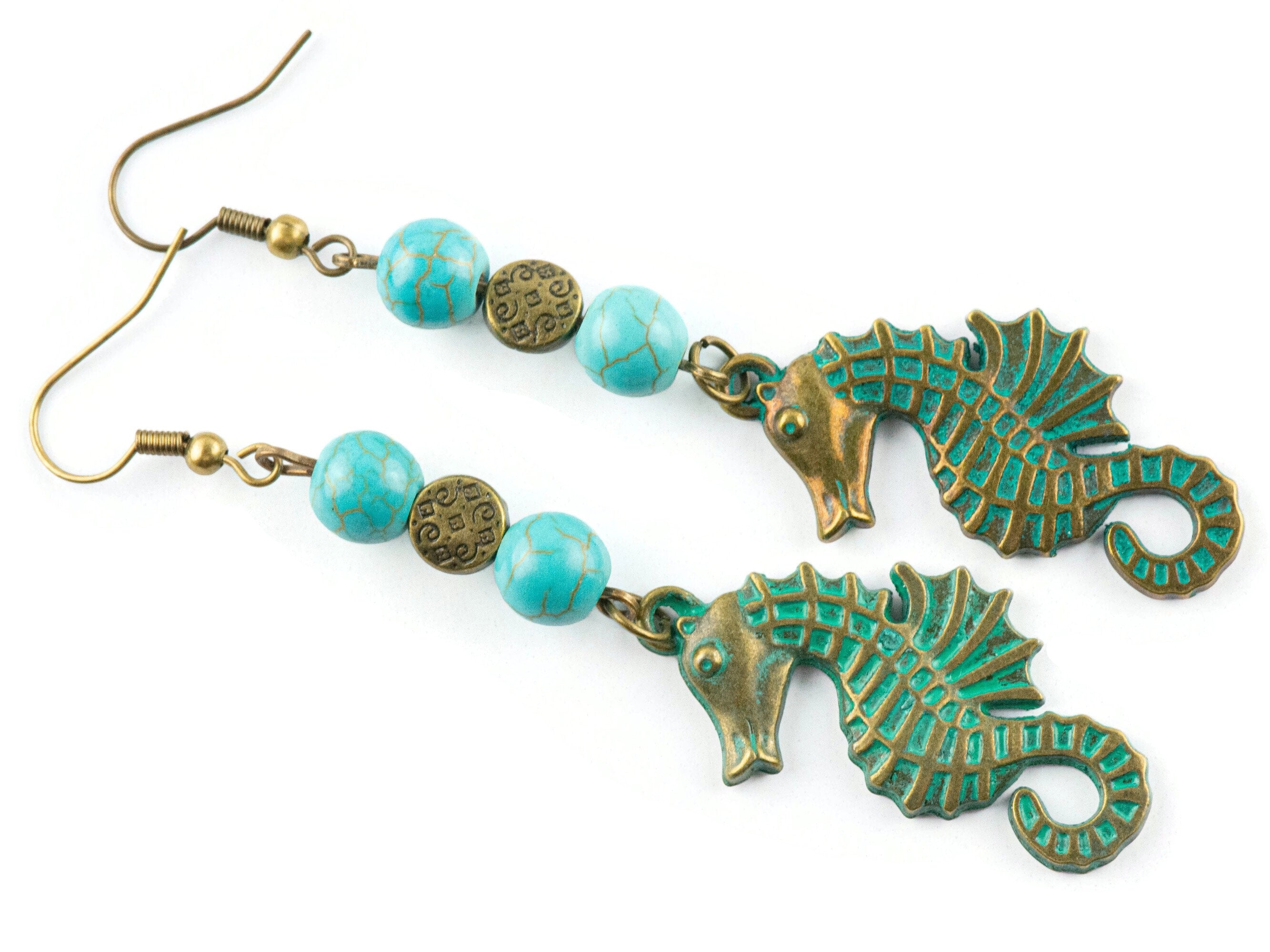 Nautical Seahorse Brass Earrings with Ocean Blue Patina • Turquoise Summer Jewelry