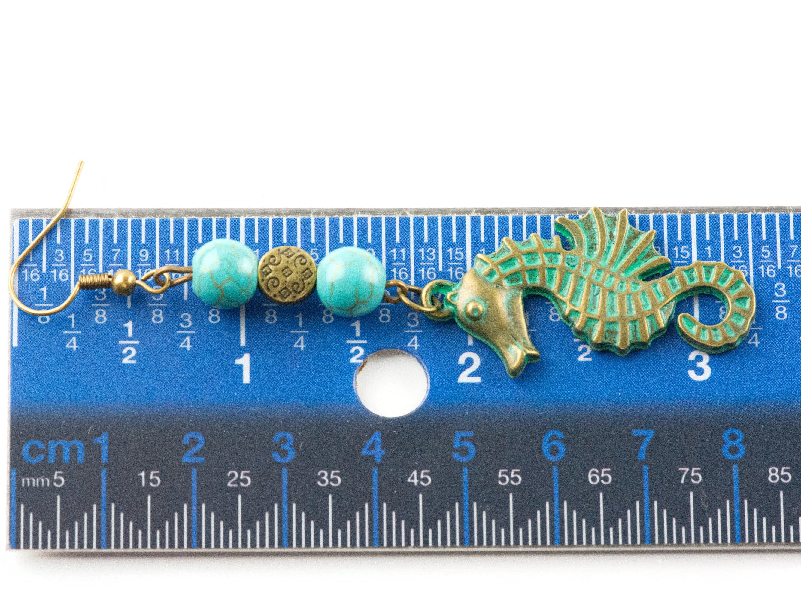 Nautical Seahorse Brass Earrings with Ocean Blue Patina • Turquoise Summer Jewelry