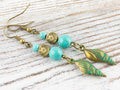 Nautical Spindle Seashell Brass Earrings with Ocean Blue Patina • Turquoise Summer Jewelry