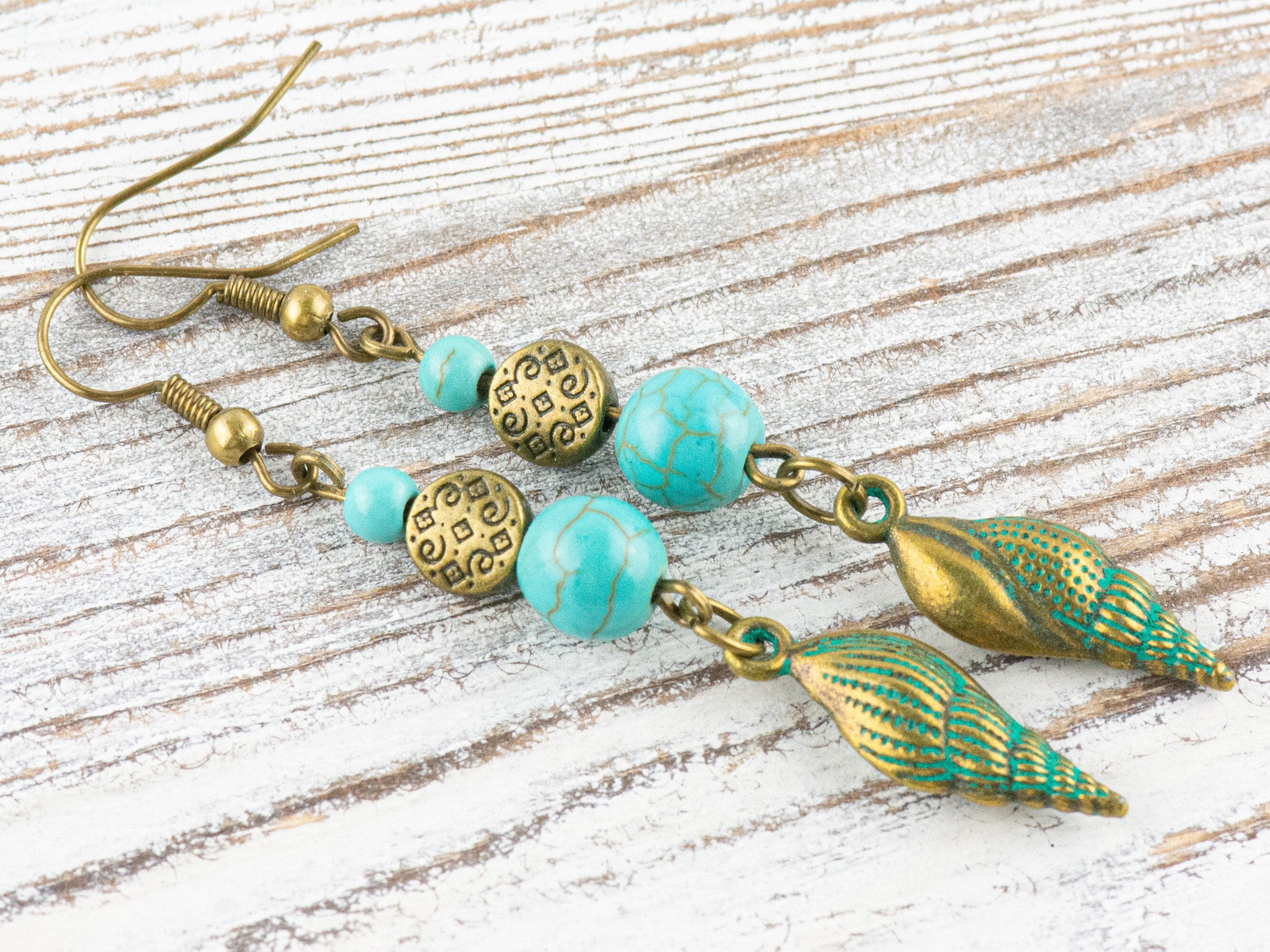 Nautical Spindle Seashell Brass Earrings with Ocean Blue Patina • Turquoise Summer Jewelry