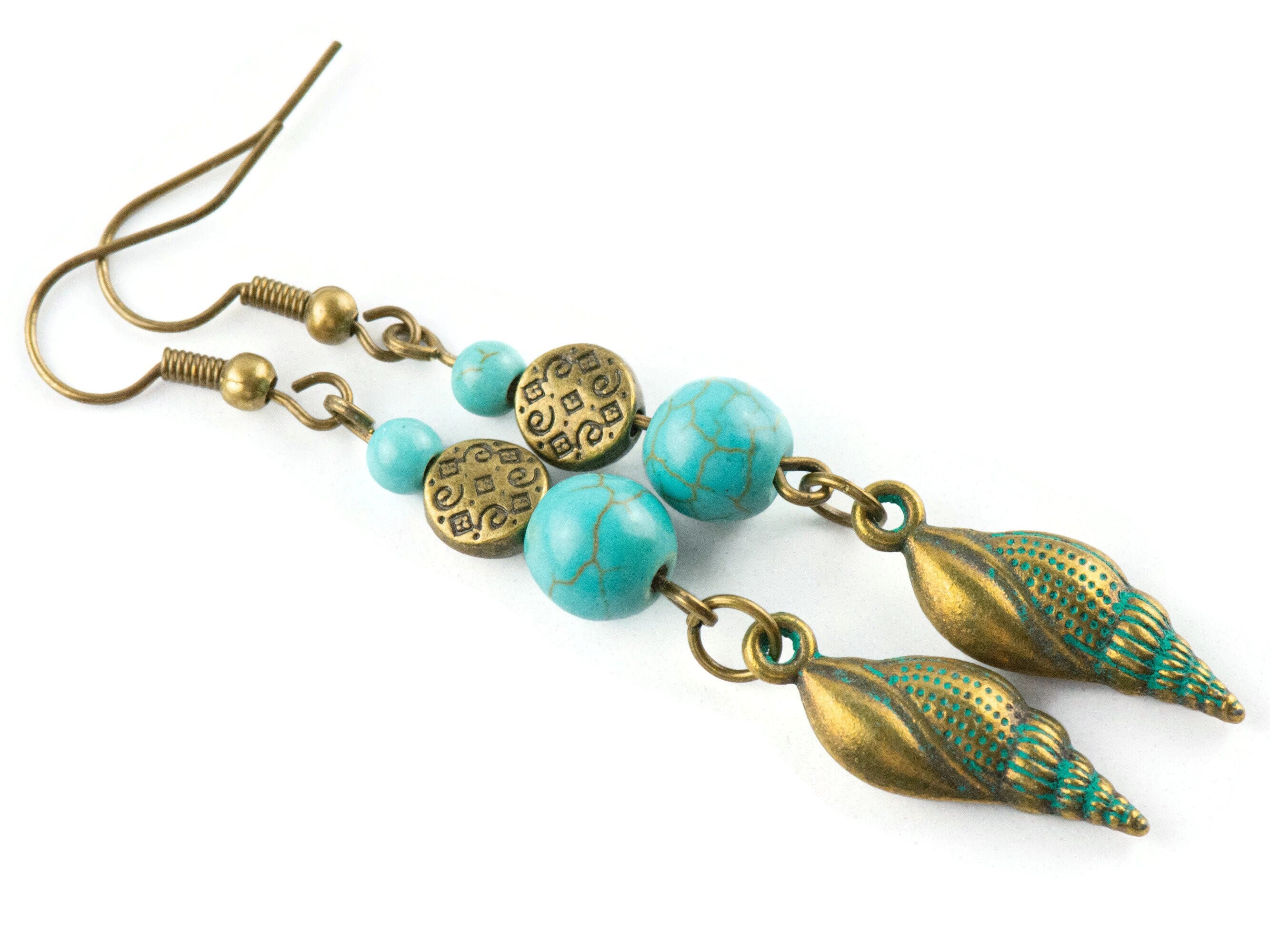Nautical Spindle Seashell Brass Earrings with Ocean Blue Patina • Turquoise Summer Jewelry