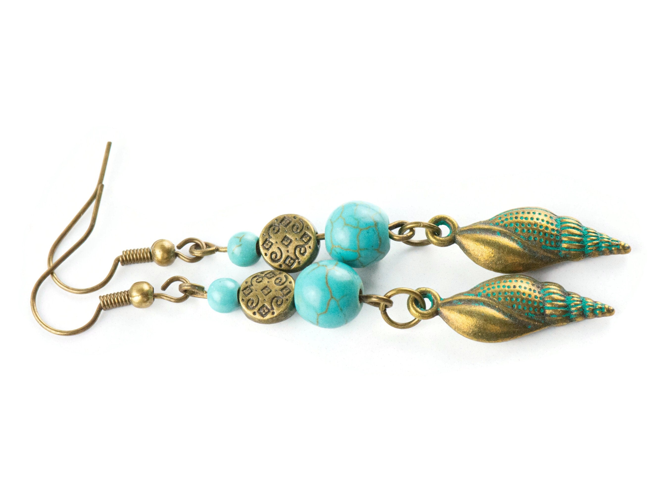 Nautical Spindle Seashell Brass Earrings with Ocean Blue Patina • Turquoise Summer Jewelry