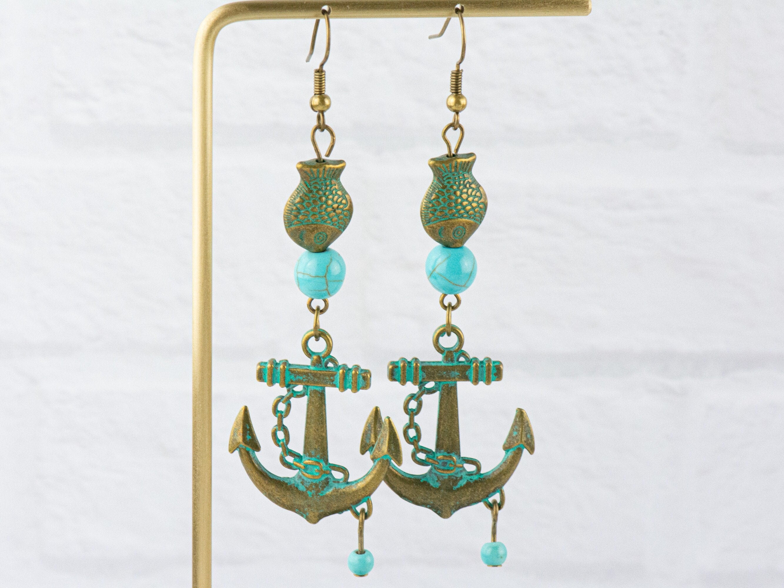 Nautical Anchor and Brass Fish Earrings with Ocean Blue Patina • Turquoise Summer Jewelry