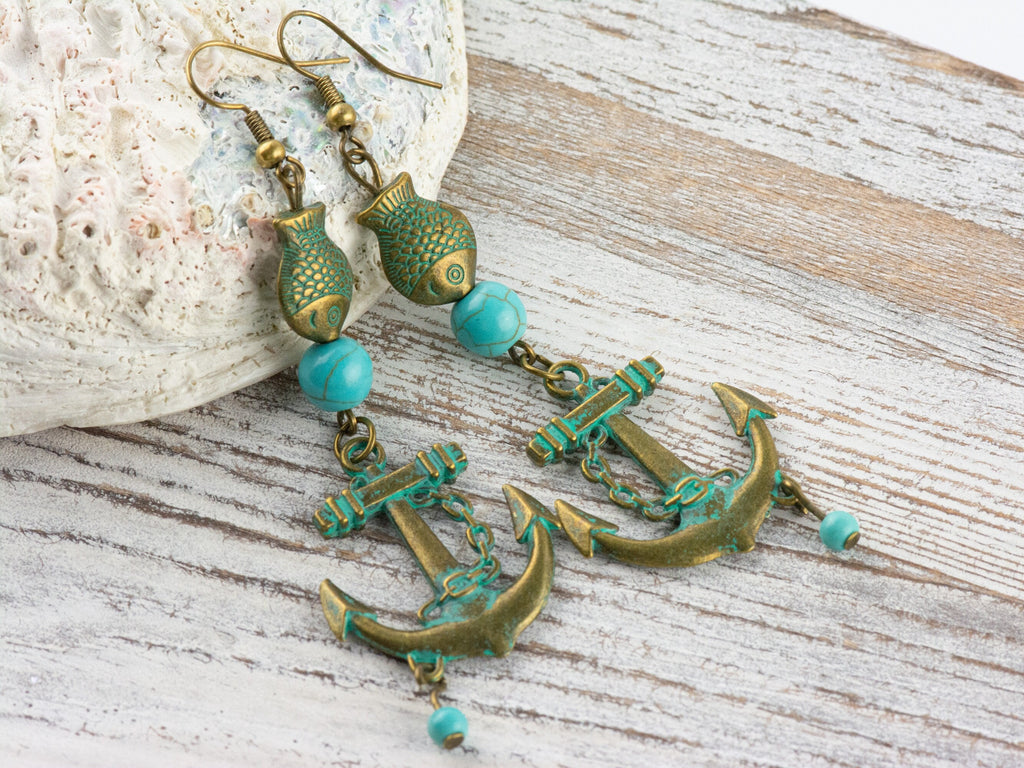 Nautical Anchor and Brass Fish Earrings with Ocean Blue Patina • Turquoise Summer Jewelry