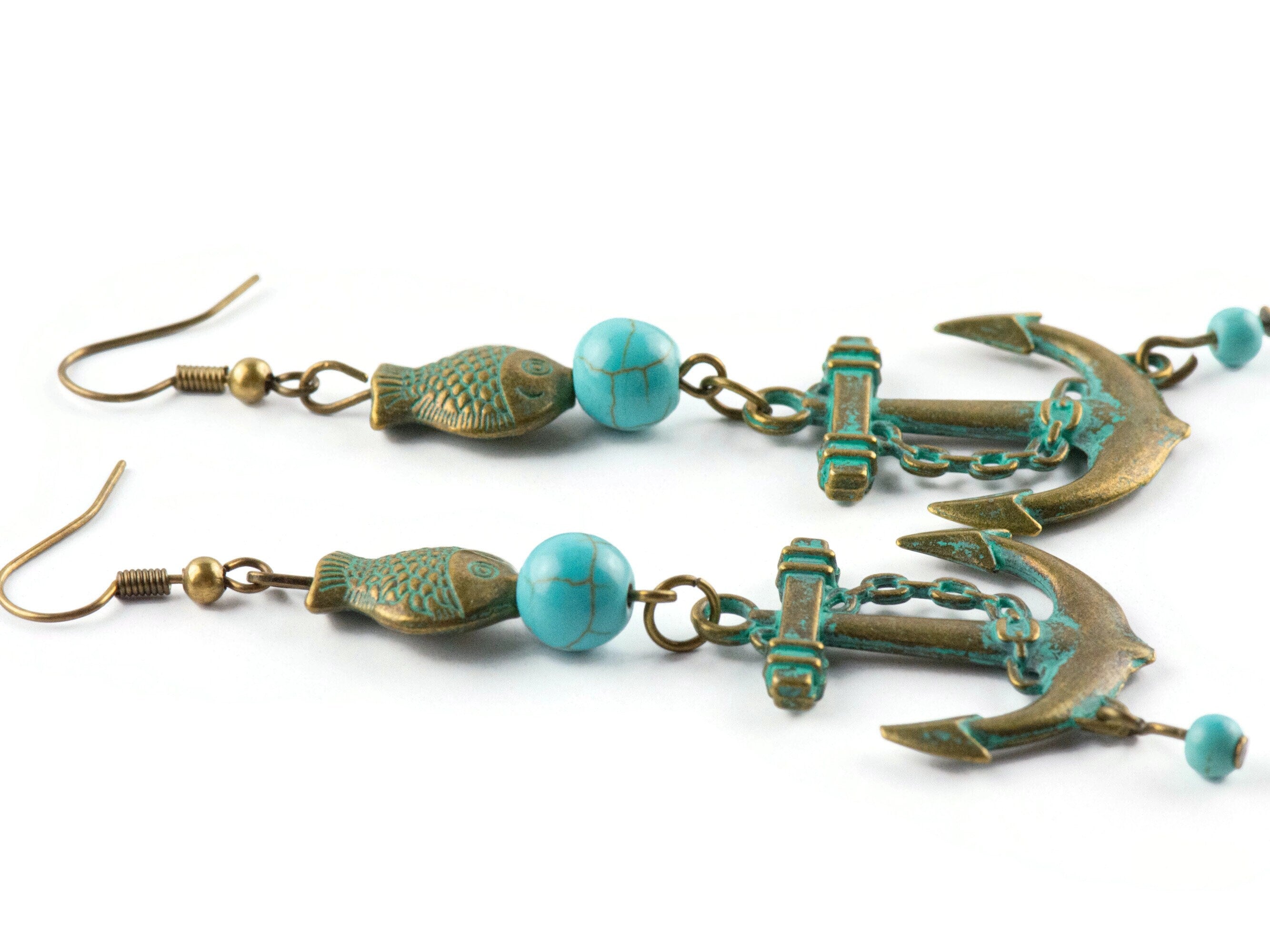 Nautical Anchor and Brass Fish Earrings with Ocean Blue Patina • Turquoise Summer Jewelry