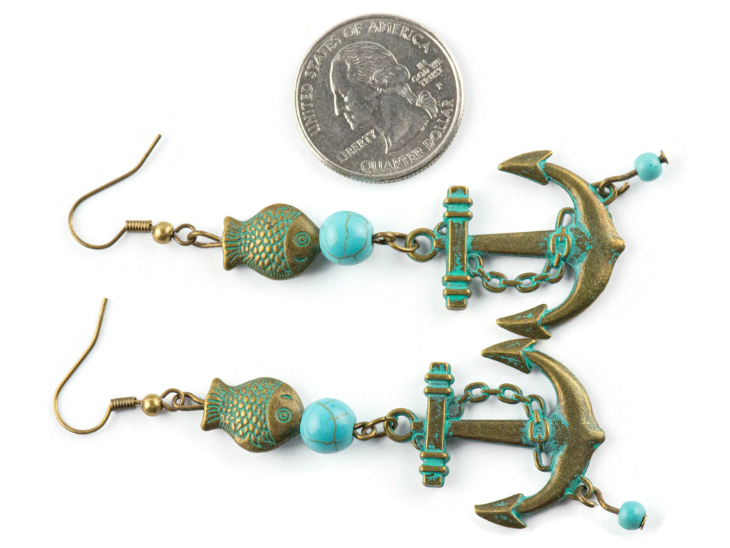 Nautical Anchor and Brass Fish Earrings with Ocean Blue Patina • Turquoise Summer Jewelry