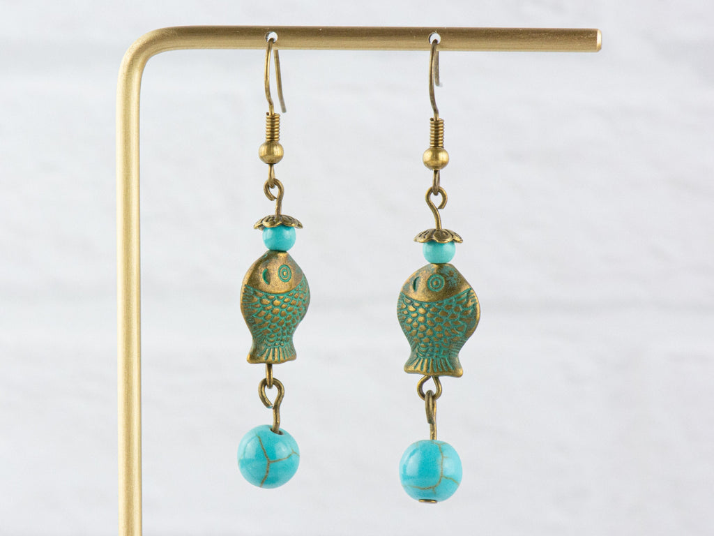 Brass Fish Earrings with Nautical Ocean Blue Patina • Turquoise Summer Jewelry