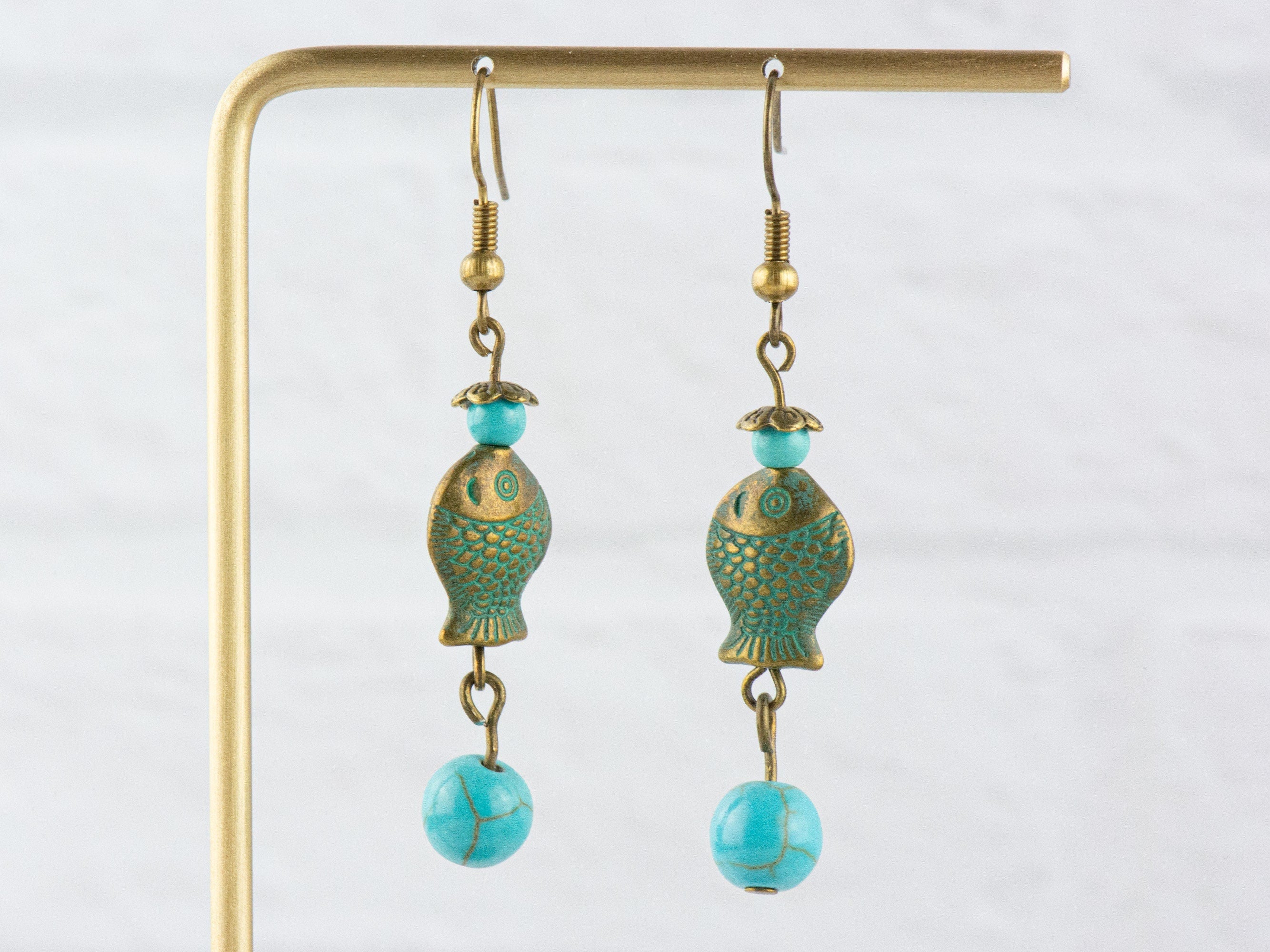 Brass Fish Earrings with Nautical Ocean Blue Patina • Turquoise Summer Jewelry