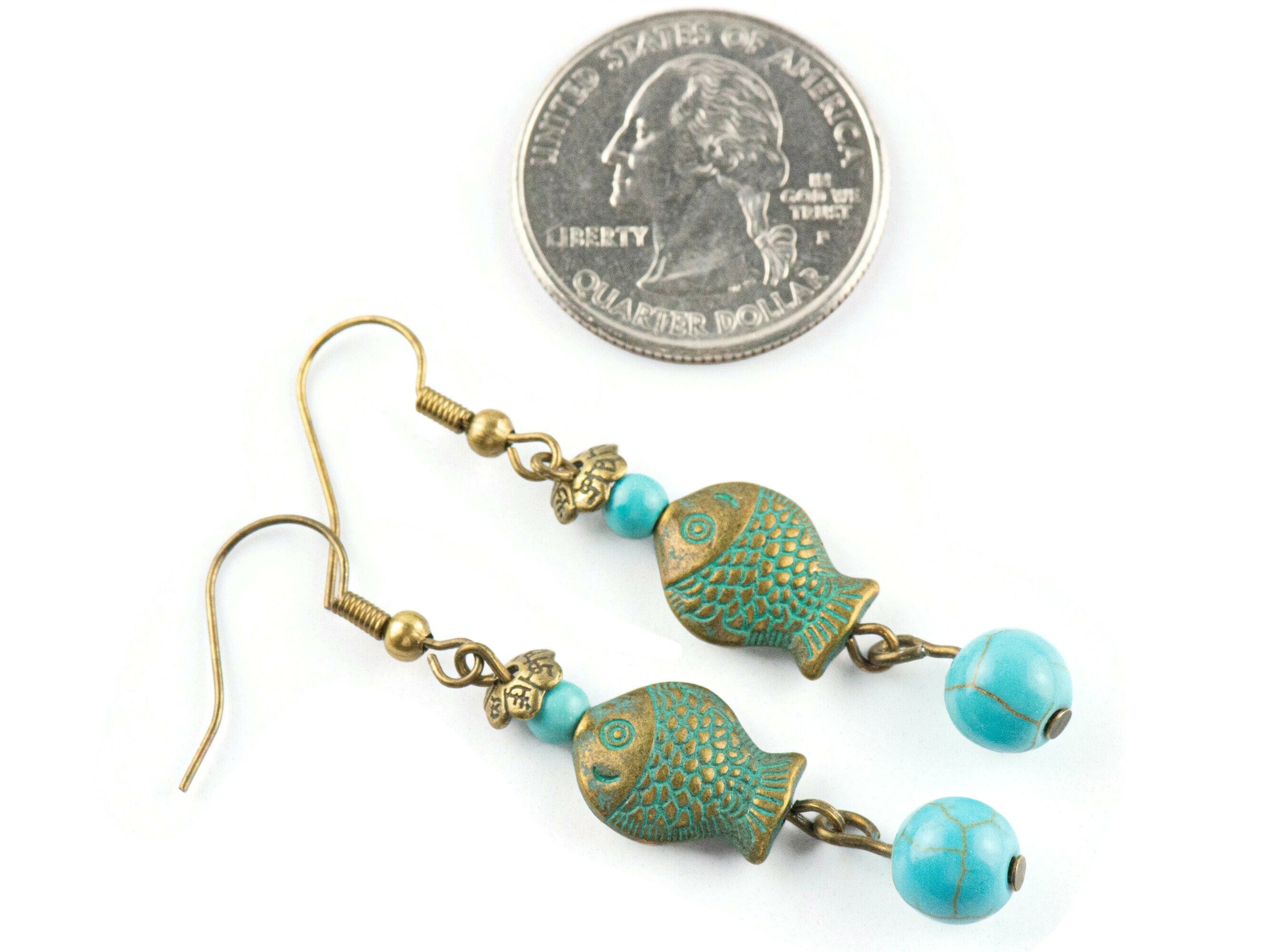 Brass Fish Earrings with Nautical Ocean Blue Patina • Turquoise Summer Jewelry