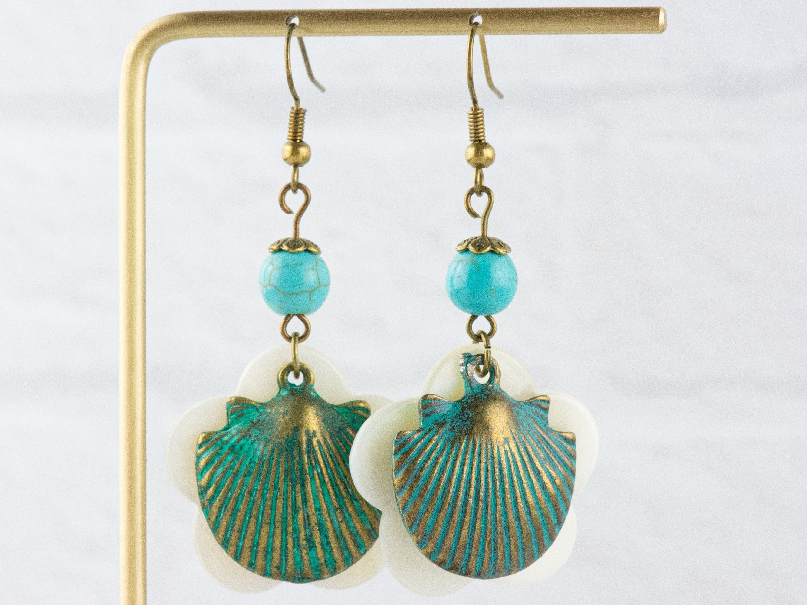 Nautical Seashell Brass Earrings with Ocean Blue Patina • White Freshwater Shells • Turquoise Summer Jewelry