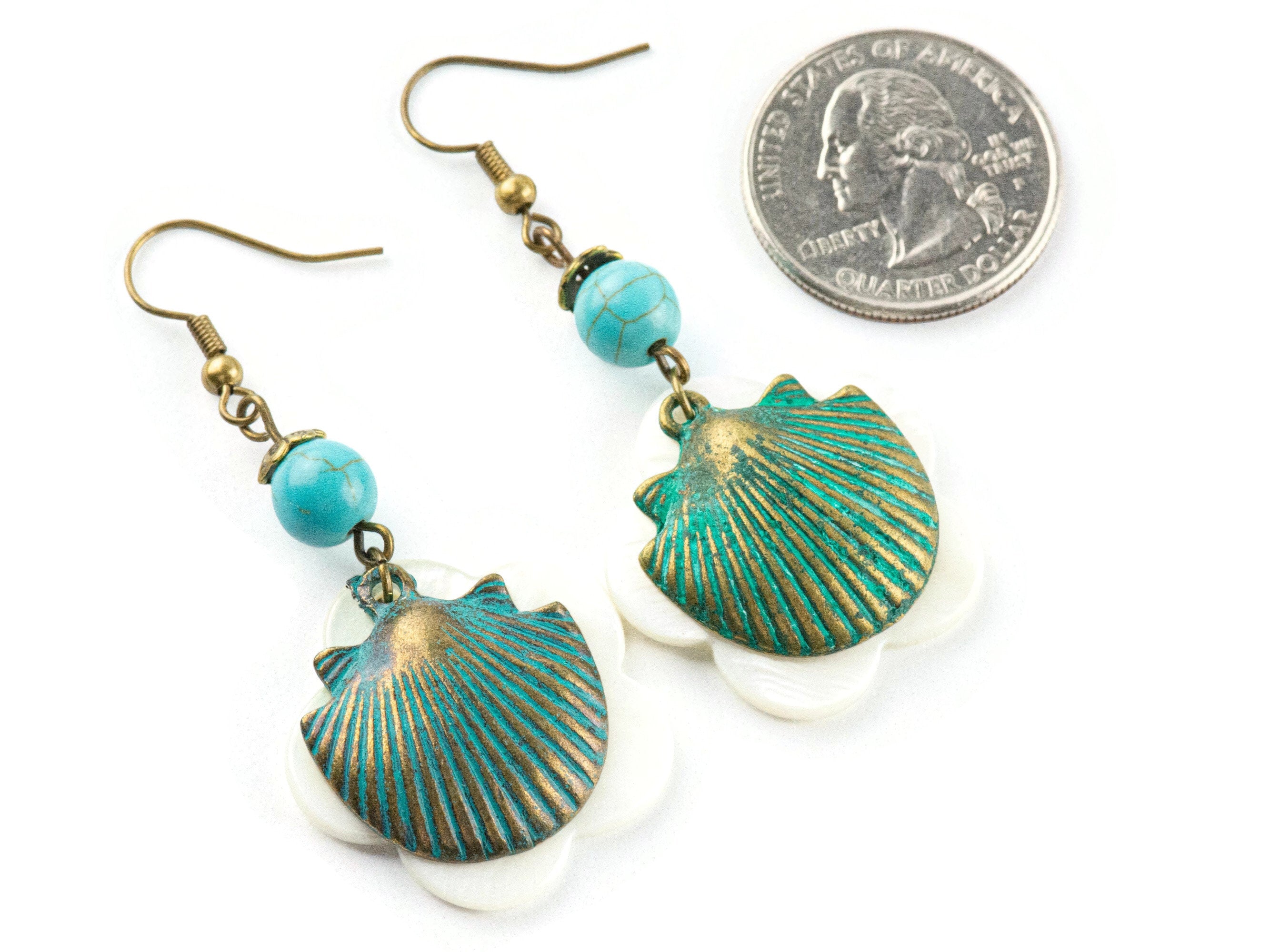 Nautical Seashell Brass Earrings with Ocean Blue Patina • White Freshwater Shells • Turquoise Summer Jewelry