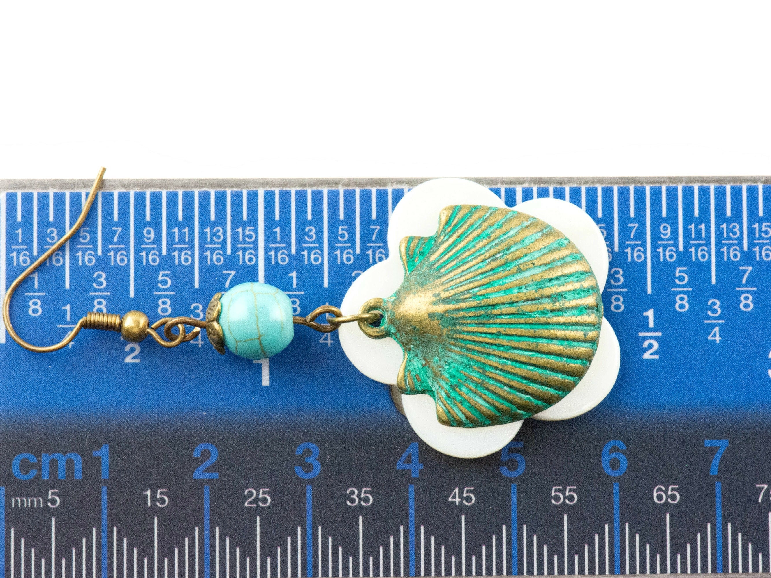 Nautical Seashell Brass Earrings with Ocean Blue Patina • White Freshwater Shells • Turquoise Summer Jewelry
