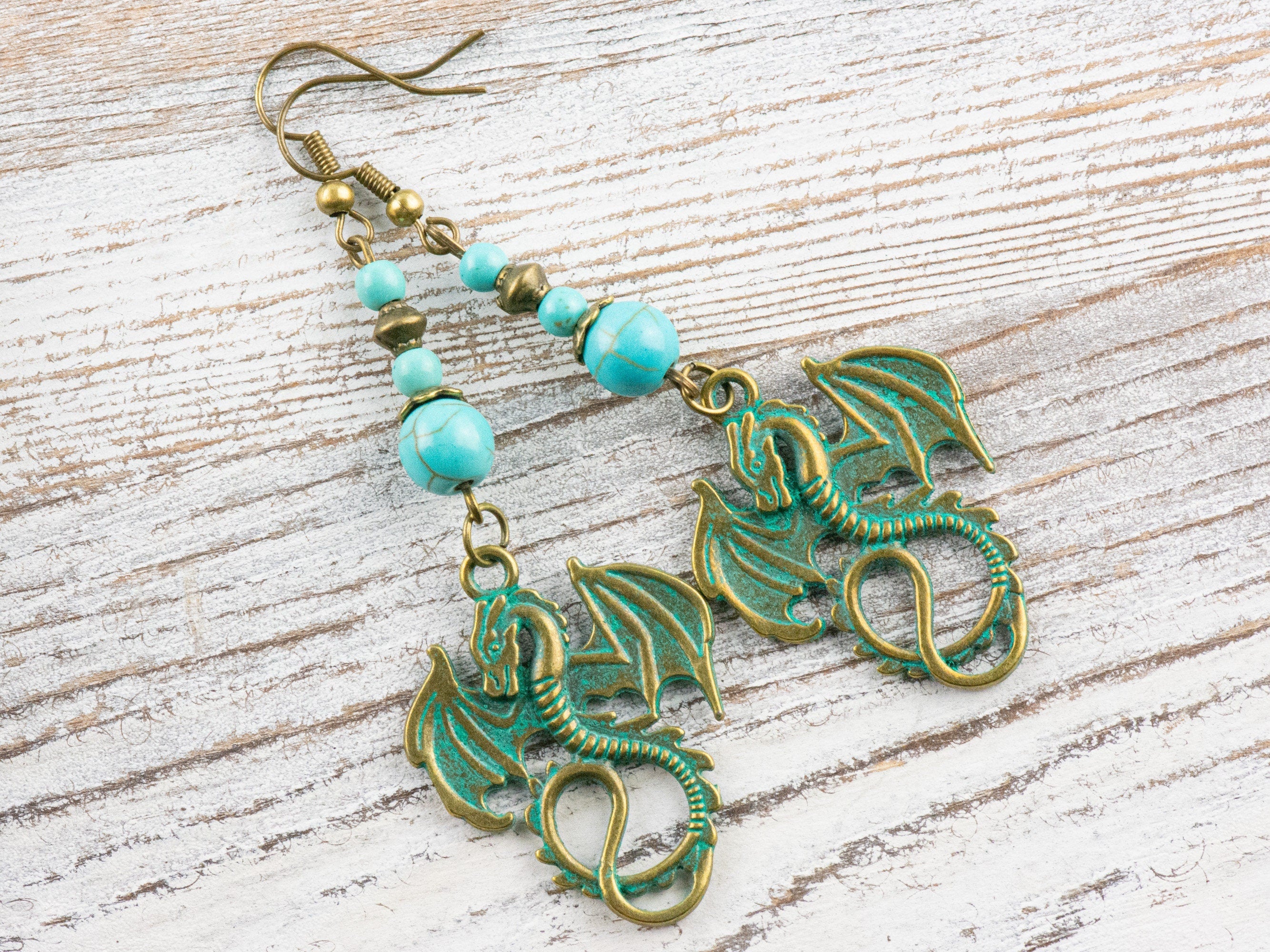 Nautical Sea Dragon Brass Earrings with Ocean Blue Patina • Turquoise Summer Jewelry