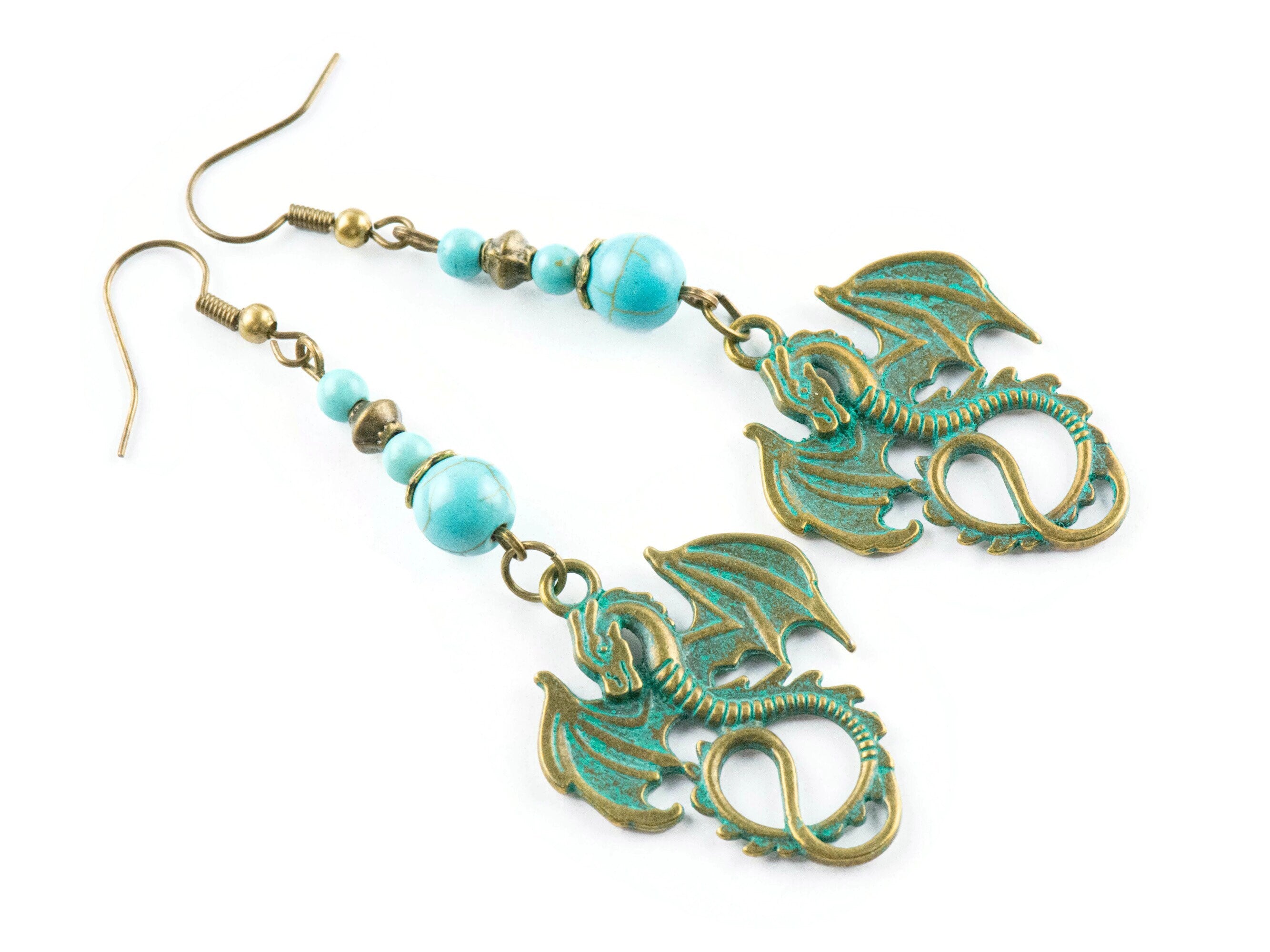 Nautical Sea Dragon Brass Earrings with Ocean Blue Patina • Turquoise Summer Jewelry