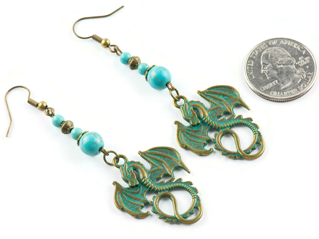 Nautical Sea Dragon Brass Earrings with Ocean Blue Patina • Turquoise Summer Jewelry