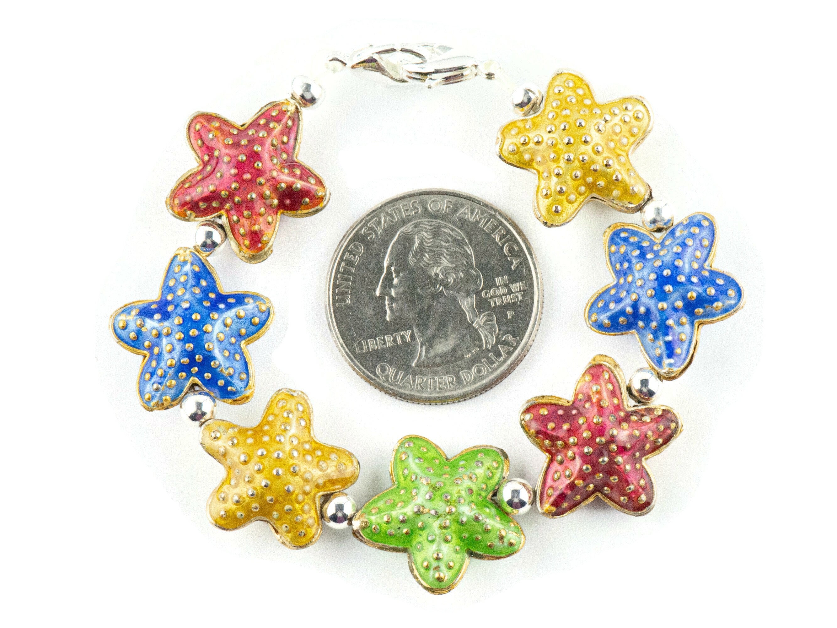 Cloisonne Starfish Mix Interchangeable Stretch Beaded Watch Band • Medical ID Bracelet • Single Strand Band • Handmade Summer Jewelry