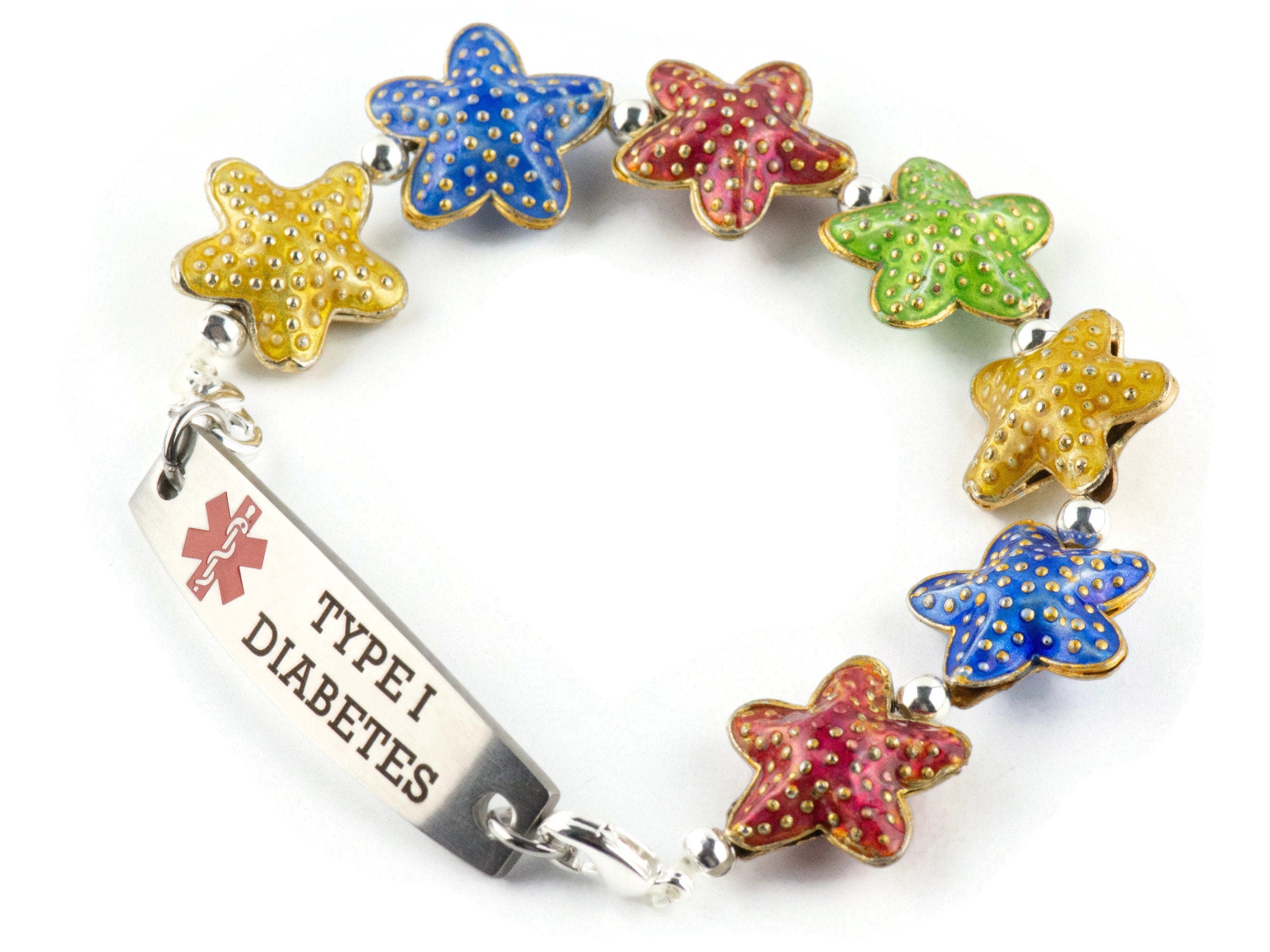Cloisonne Starfish Mix Interchangeable Stretch Beaded Watch Band • Medical ID Bracelet • Single Strand Band • Handmade Summer Jewelry
