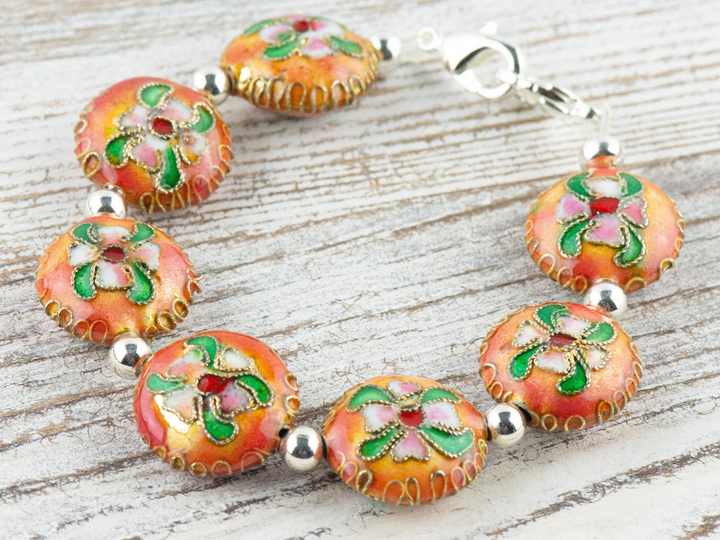 Cloisonne Orange Interchangeable Stretch Beaded Watch Band • Medical ID Bracelet • Single Strand • Handmade Jewelry