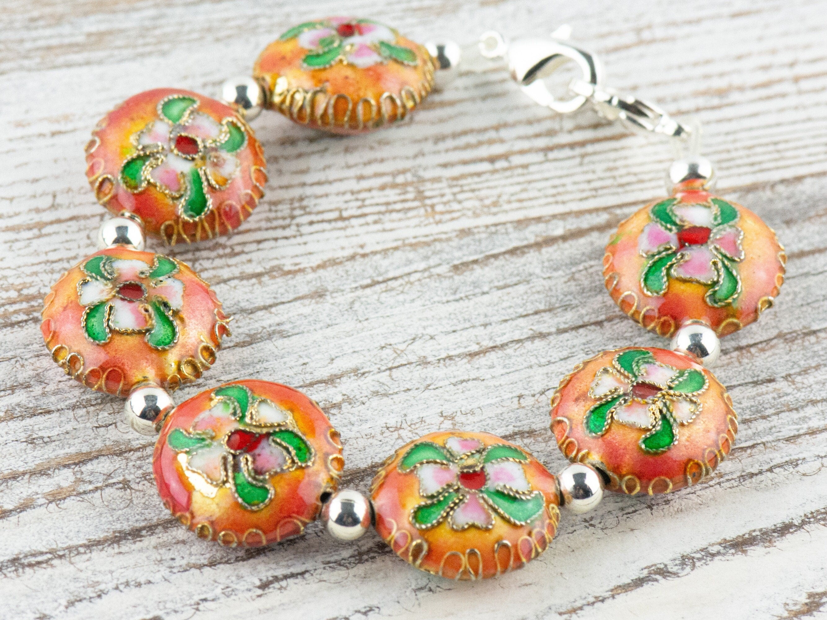 Cloisonne Orange Interchangeable Stretch Beaded Watch Band • Medical ID Bracelet • Single Strand • Handmade Jewelry