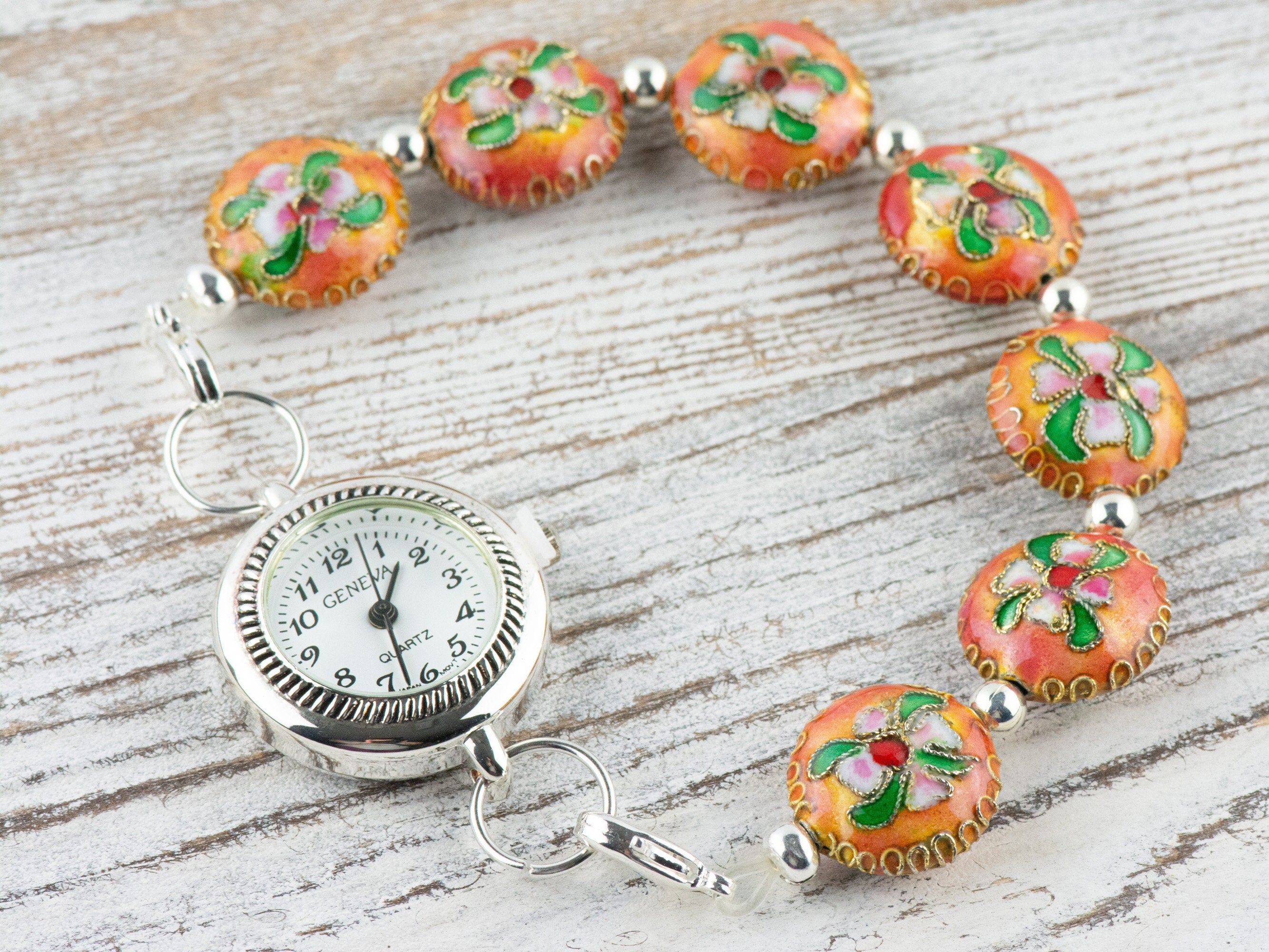 Cloisonne Orange Interchangeable Stretch Beaded Watch Band • Medical ID Bracelet • Single Strand • Handmade Jewelry