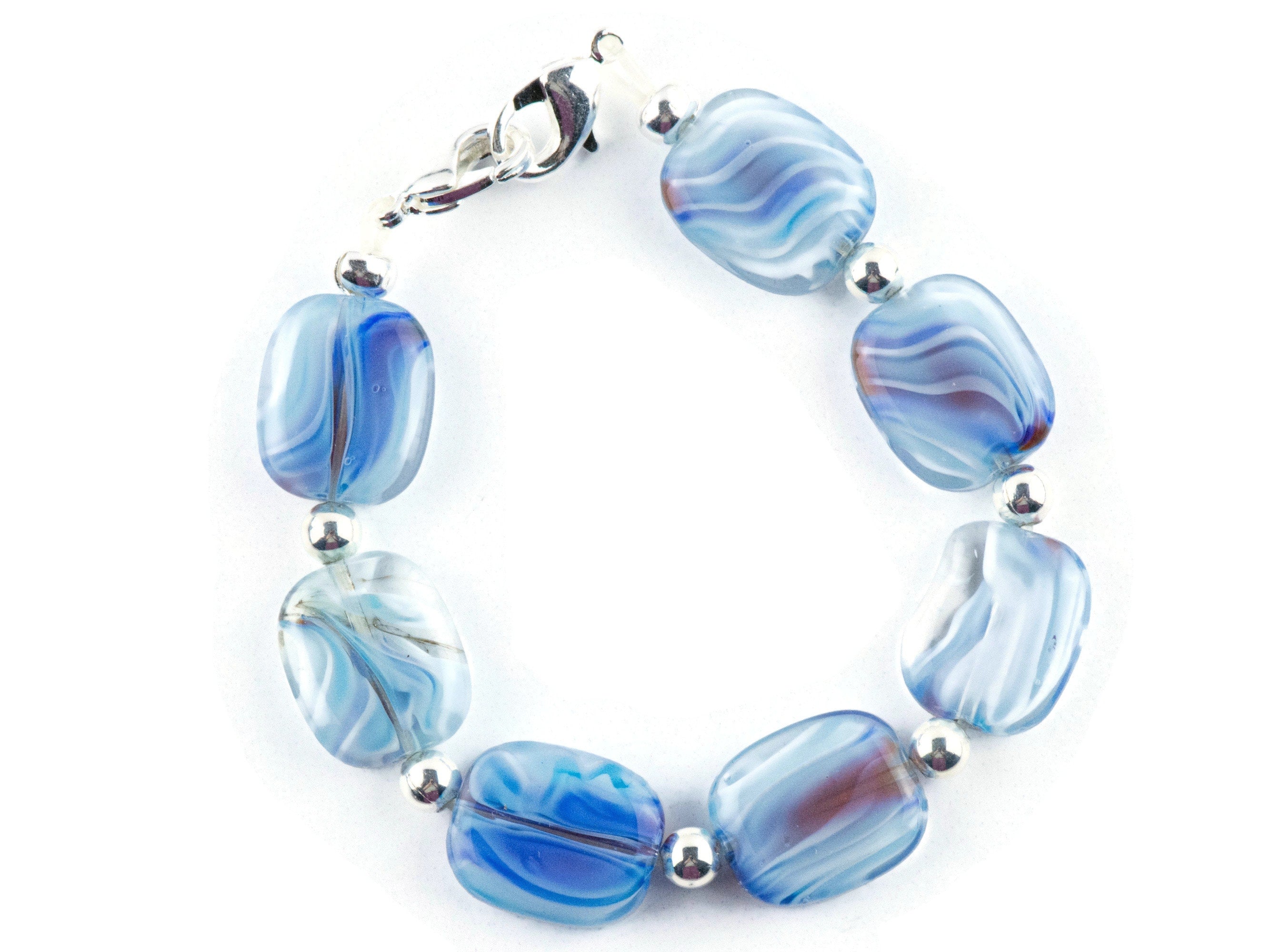 Blue Glass Swirly Square Interchangeable Stretch Beaded Watch Band • Medical ID Bracelet • Single Strand • Handmade Jewelry