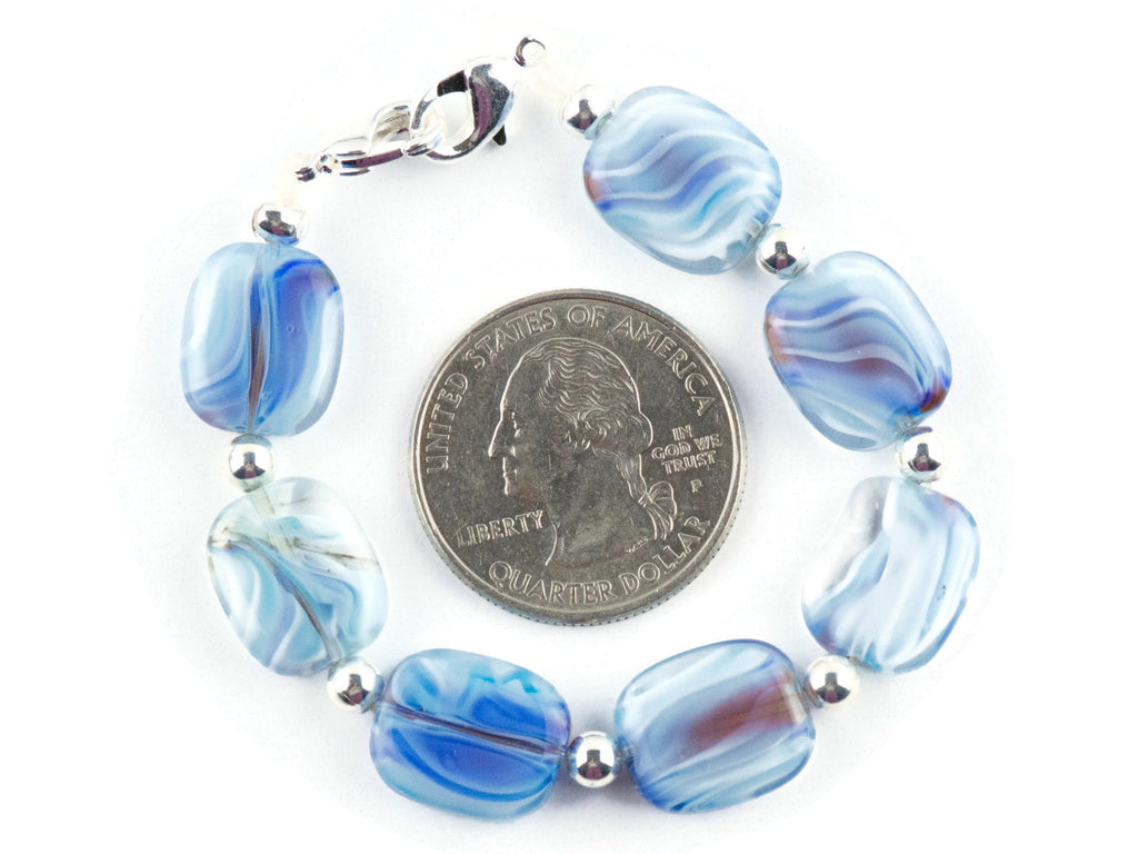 Blue Glass Swirly Square Interchangeable Stretch Beaded Watch Band • Medical ID Bracelet • Single Strand • Handmade Jewelry