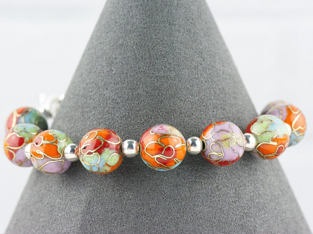 Cloisonne Round Orange Mix Interchangeable Stretch Beaded Watch Band • Medical ID Bracelet • Single Strand • Handmade Jewelry