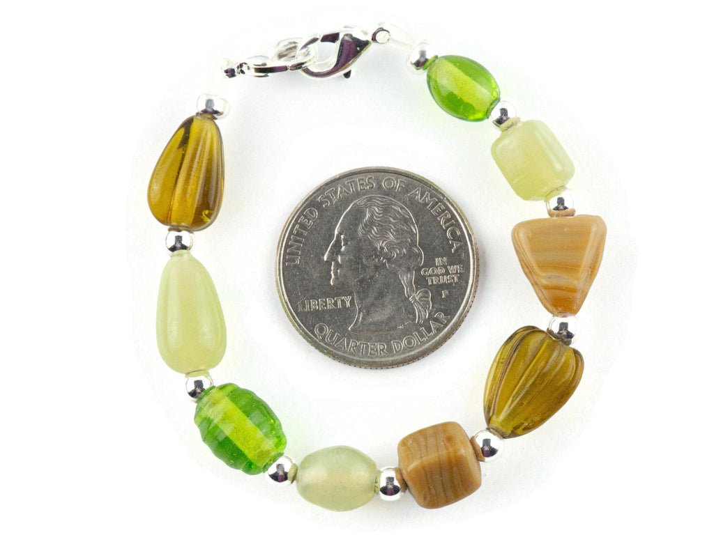 Earthy Green & Brown Glass Interchangeable Stretch Beaded Watch Band • Medical ID Bracelet • Single Strand • Handmade Jewelry