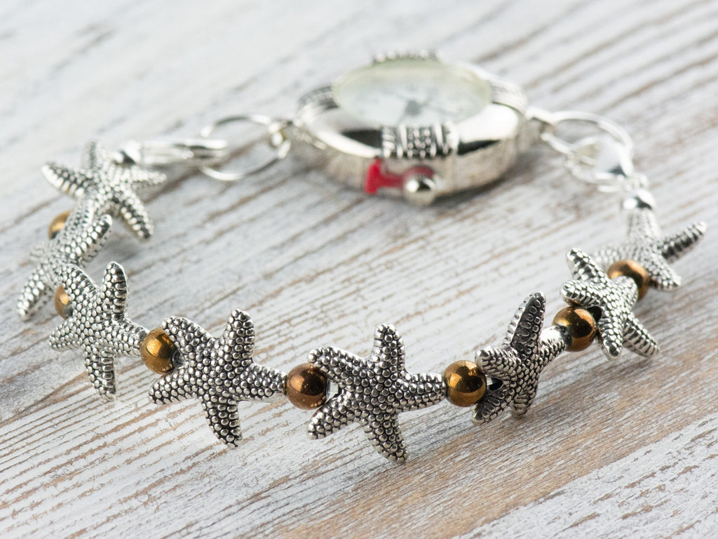 Metal Starfish Interchangeable Stretch Beaded Watch Band • Medical ID Bracelet • Single Strand • Handmade Jewelry