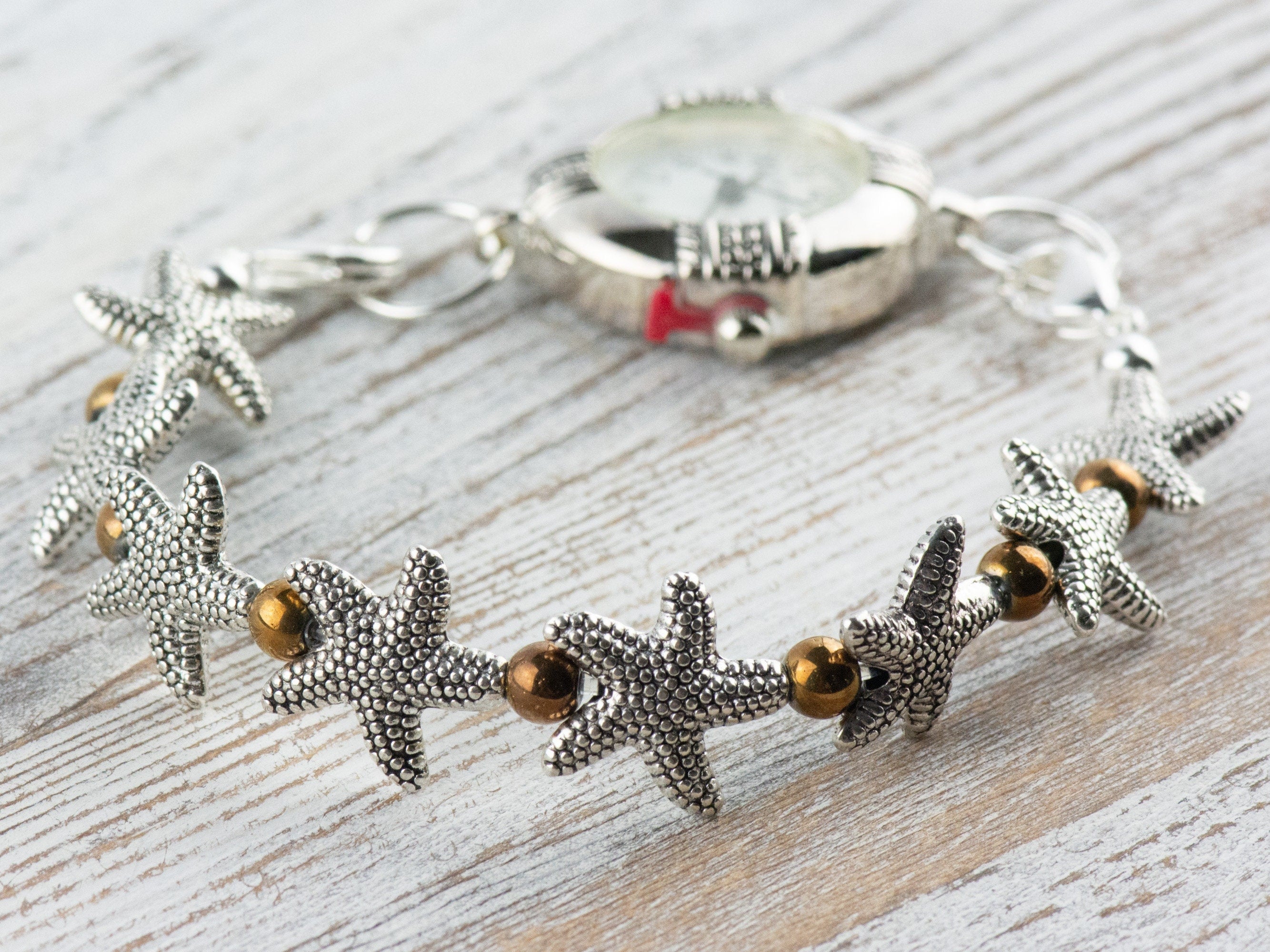 Metal Starfish Interchangeable Stretch Beaded Watch Band • Medical ID Bracelet • Single Strand • Handmade Jewelry