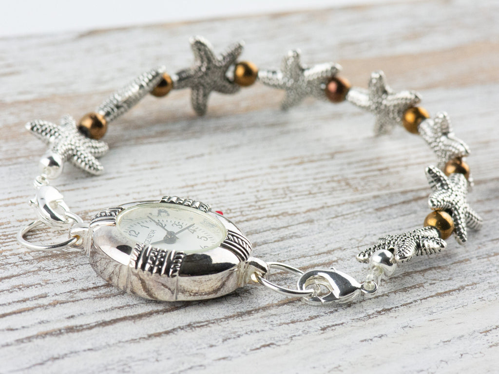 Metal Starfish Interchangeable Stretch Beaded Watch Band • Medical ID Bracelet • Single Strand • Handmade Jewelry