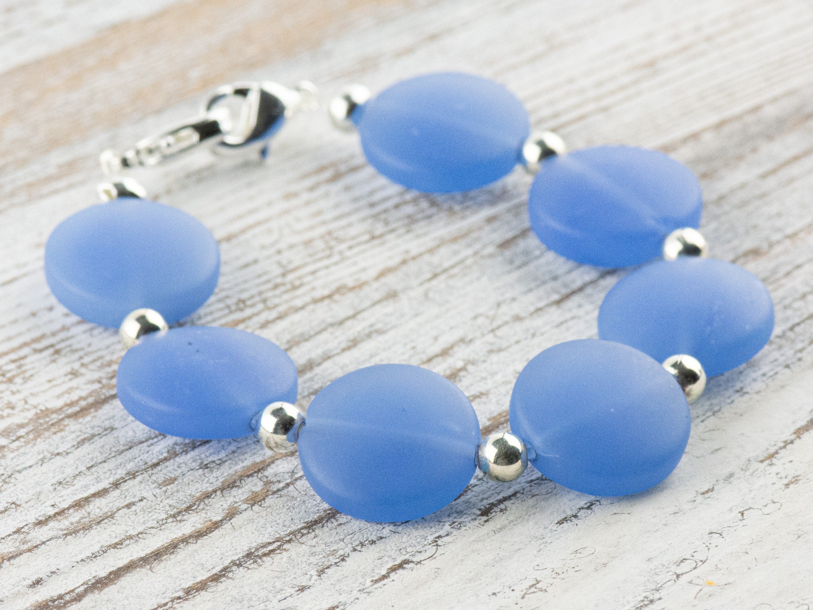 Frosted Blue Glass Interchangeable Stretch Beaded Watch Band • Medical ID Bracelet • Single Strand • Handmade Jewelry