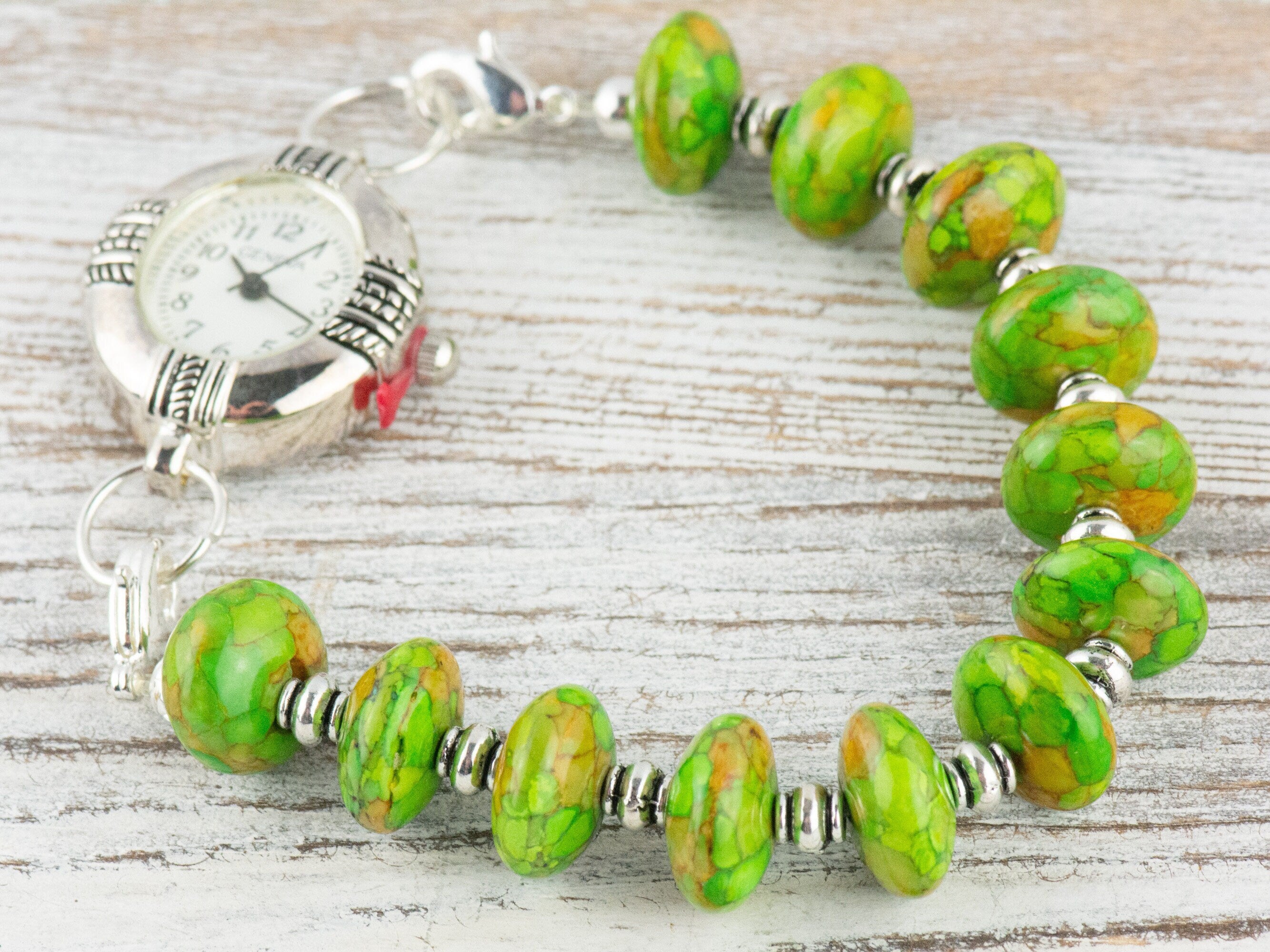 Green Mosaic Rondelle Interchangeable Stretch Beaded Watch Band • Medical ID Bracelet • Single Strand • Handmade Jewelry
