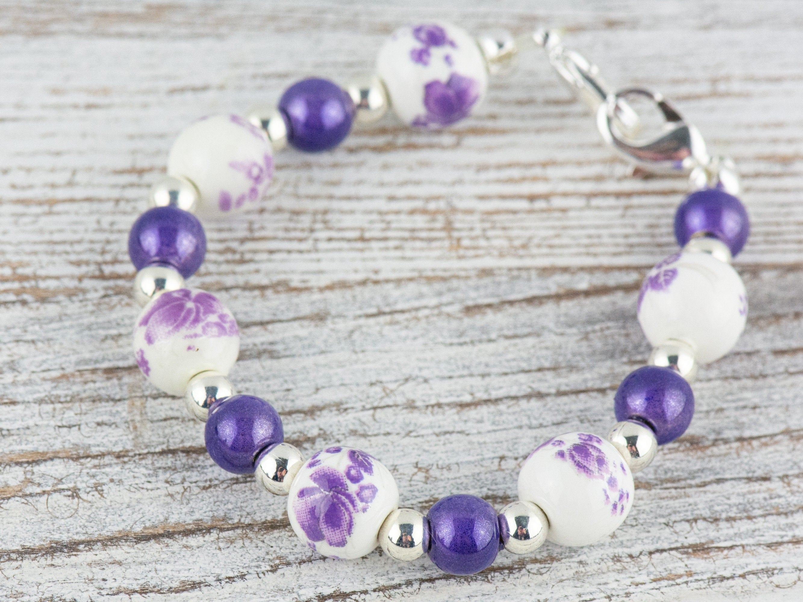 Floral Purple Ceramic and Glass Interchangeable Stretch Beaded Watch Band • Medical ID Bracelet • Single Strand • Handmade Jewelry