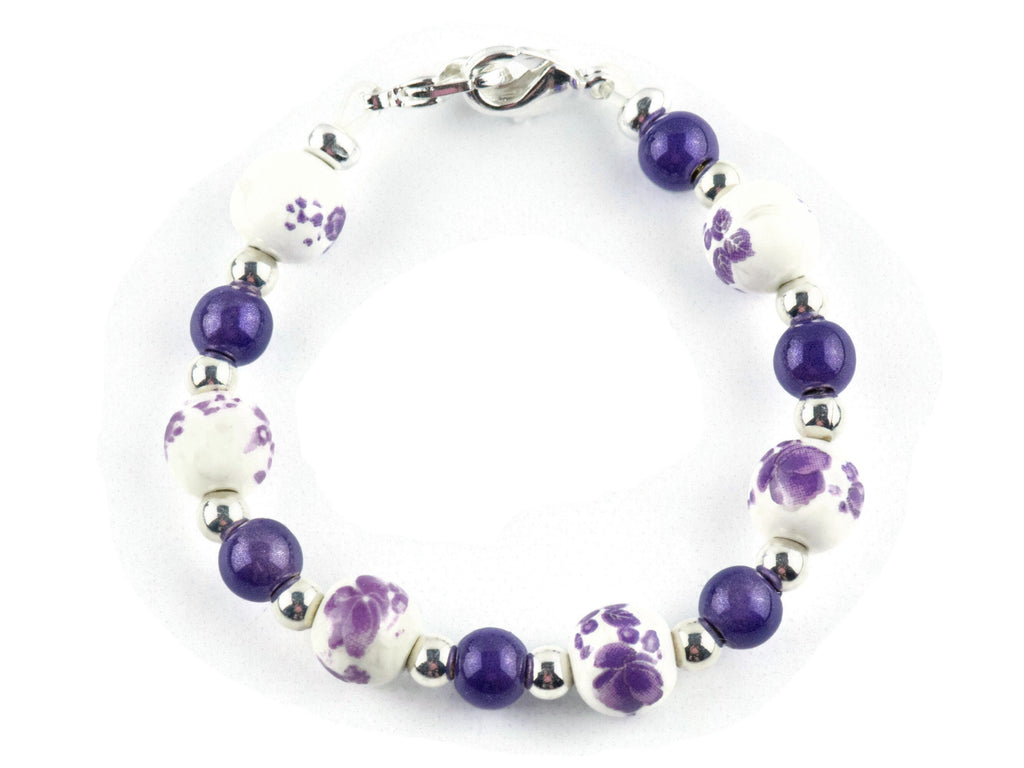 Floral Purple Ceramic and Glass Interchangeable Stretch Beaded Watch Band • Medical ID Bracelet • Single Strand • Handmade Jewelry