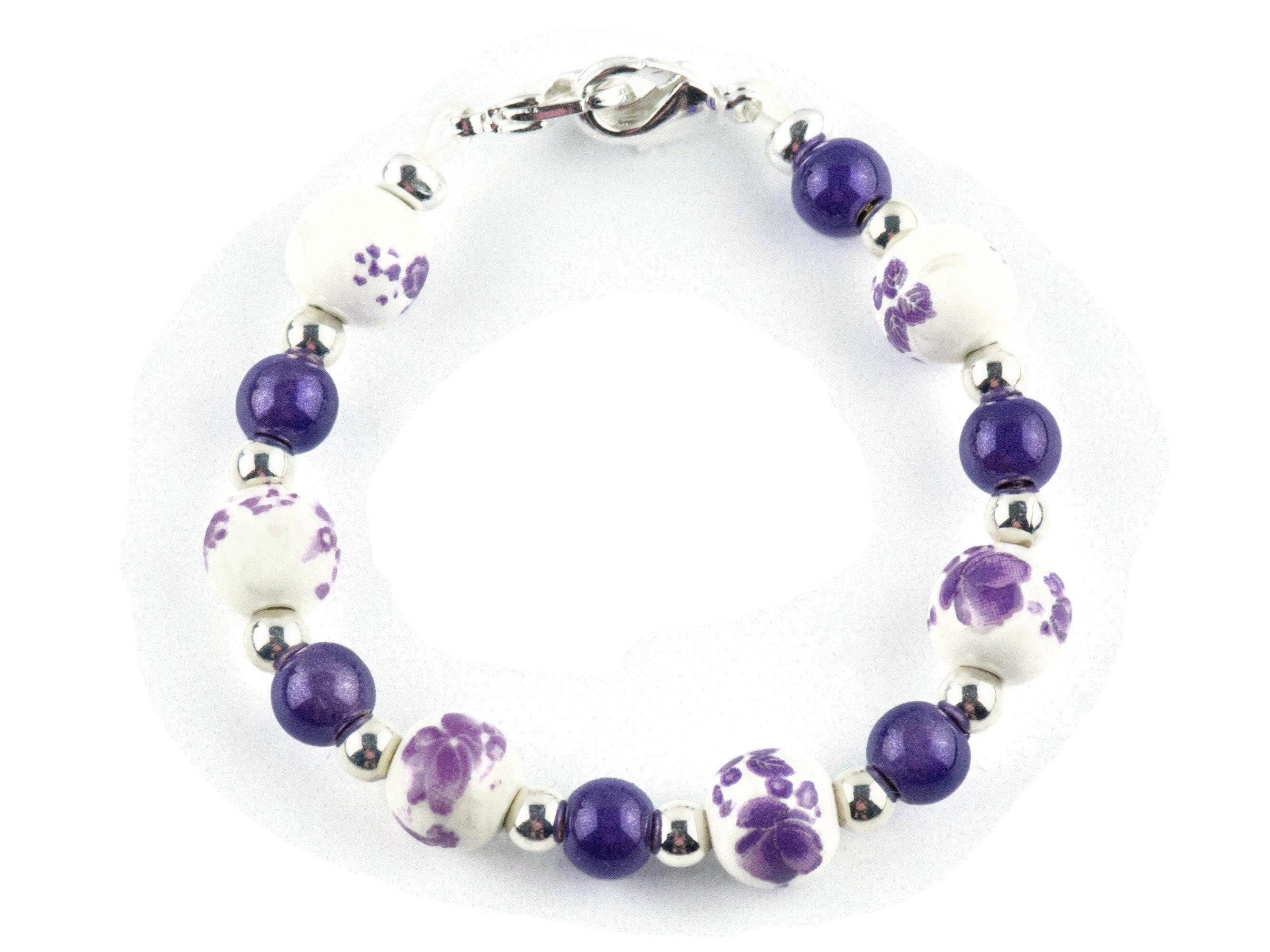 Floral Purple Ceramic and Glass Interchangeable Stretch Beaded Watch Band • Medical ID Bracelet • Single Strand • Handmade Jewelry