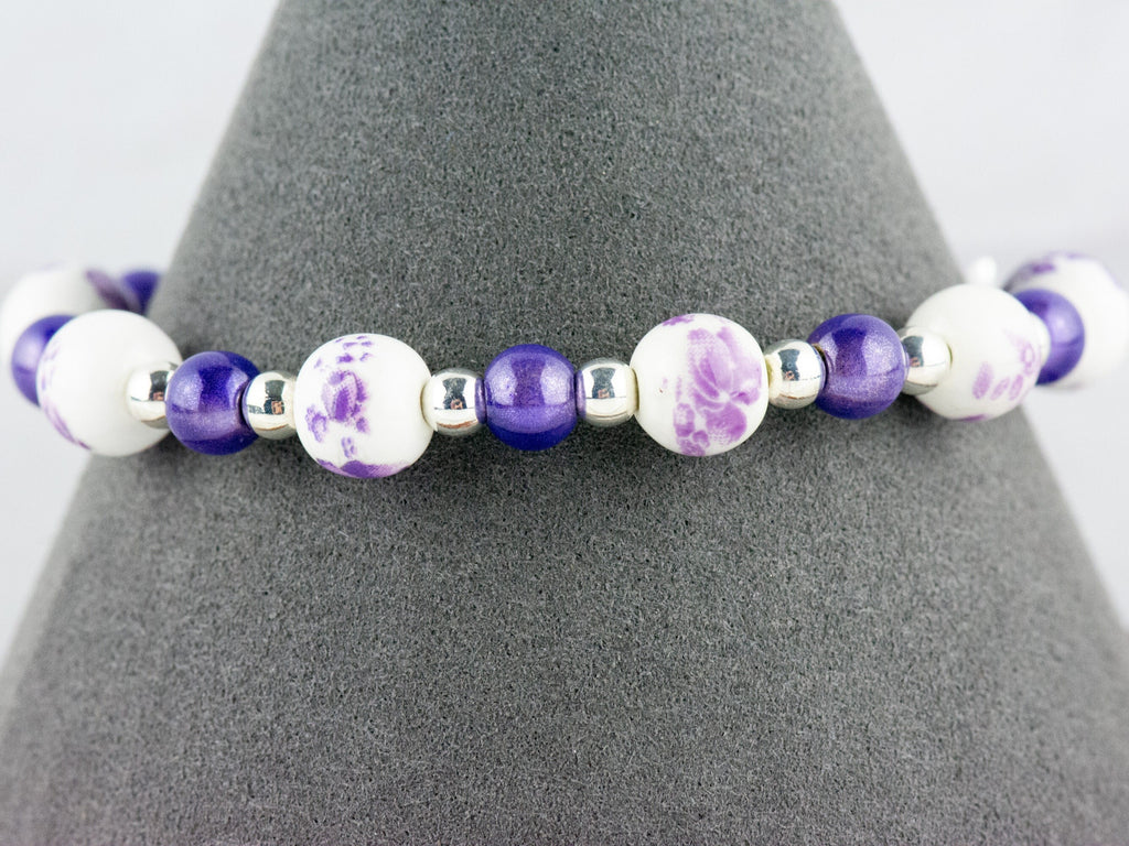 Floral Purple Ceramic and Glass Interchangeable Stretch Beaded Watch Band • Medical ID Bracelet • Single Strand • Handmade Jewelry